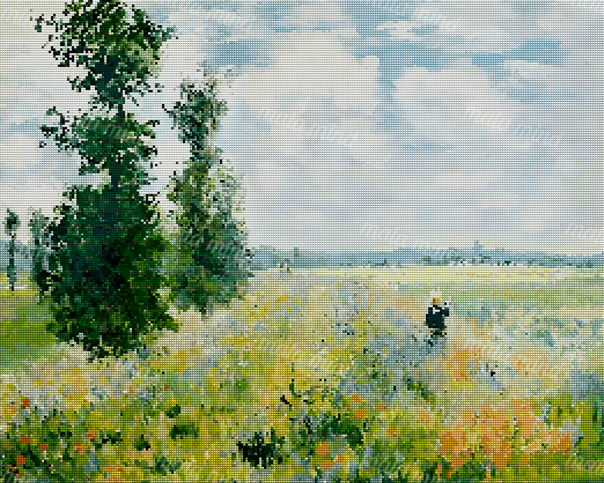 Impressionist flower meadow with a large leafy tree, cloudy sky, and distant pale-hatted figure — 04_diamond_render