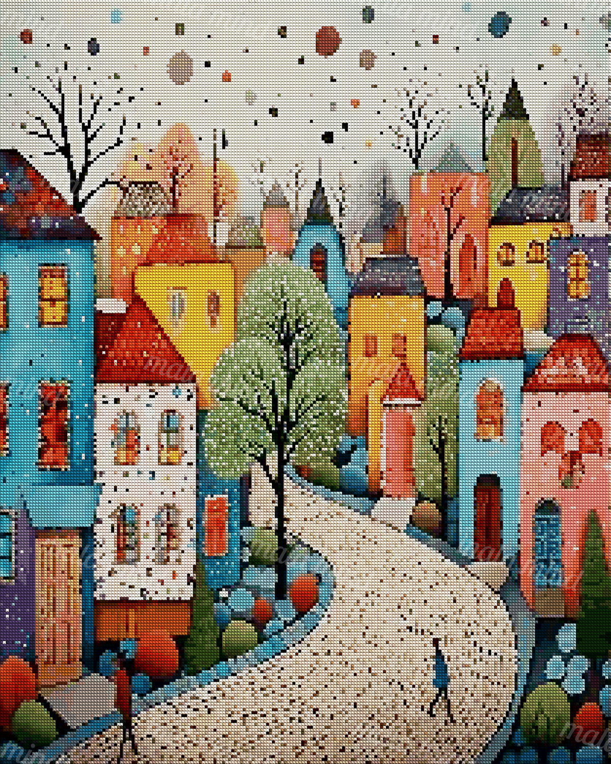 Colorful village buildings and trees frame a winding cobblestone street under a dotted sky. — 04_diamond_render