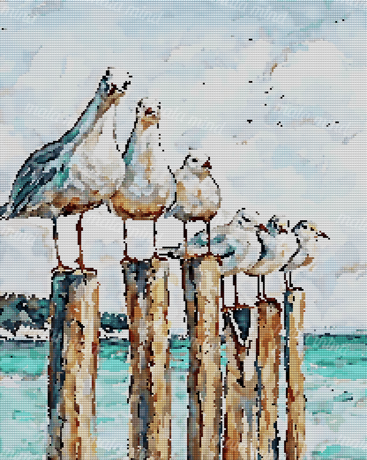 Watercolor-style seagulls perched on weathered wooden pilings above turquoise coastal water — 04_diamond_render