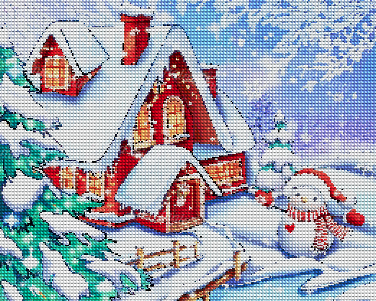 Christmas scene with a snow-covered red cabin, evergreen trees, sled, fence, and scarf-wearing snowman — 04_diamond_render