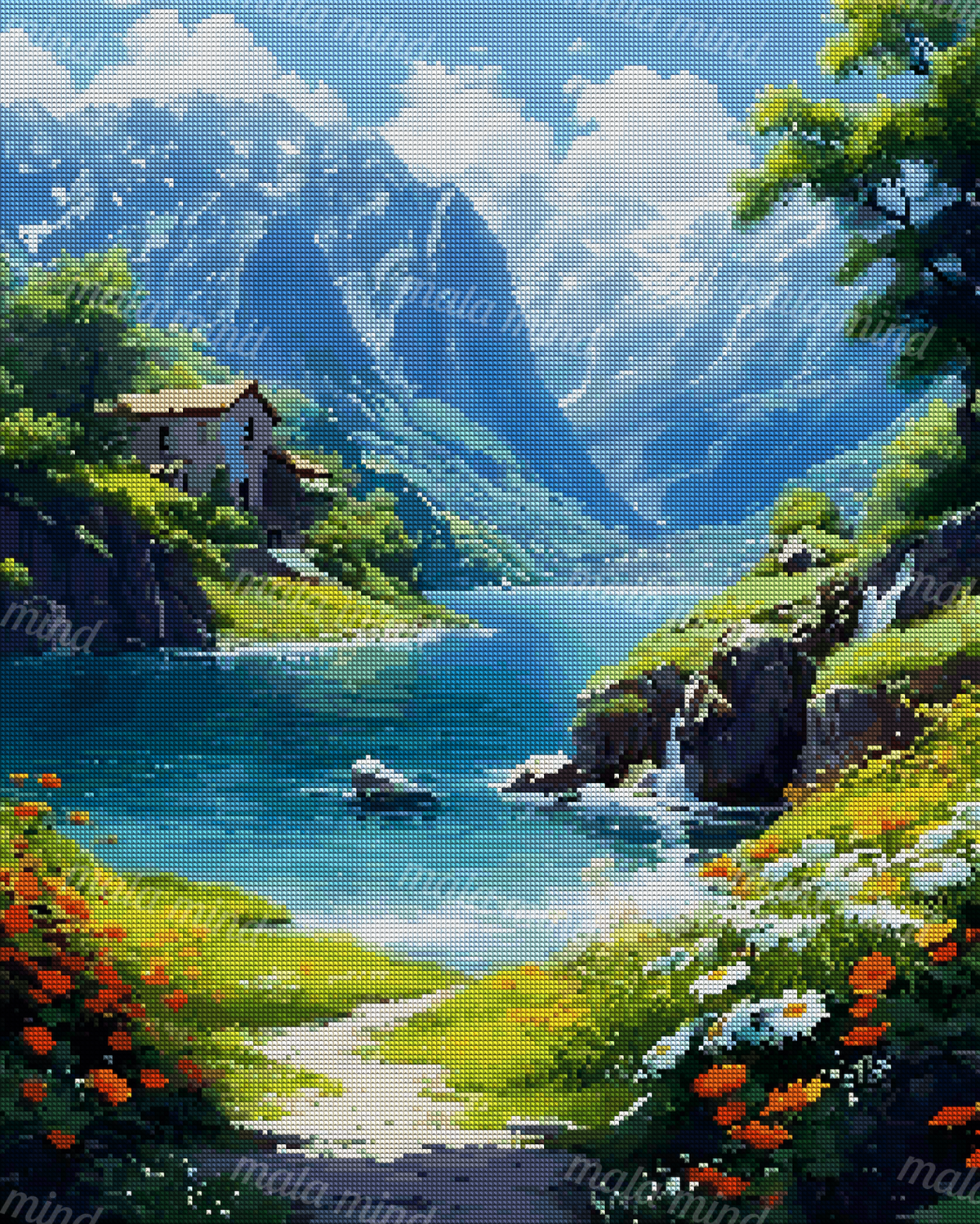 Painterly mountain lake valley with snow-capped peaks, cottage, waterfalls, winding path, and colorful flowers — 04_diamond_render