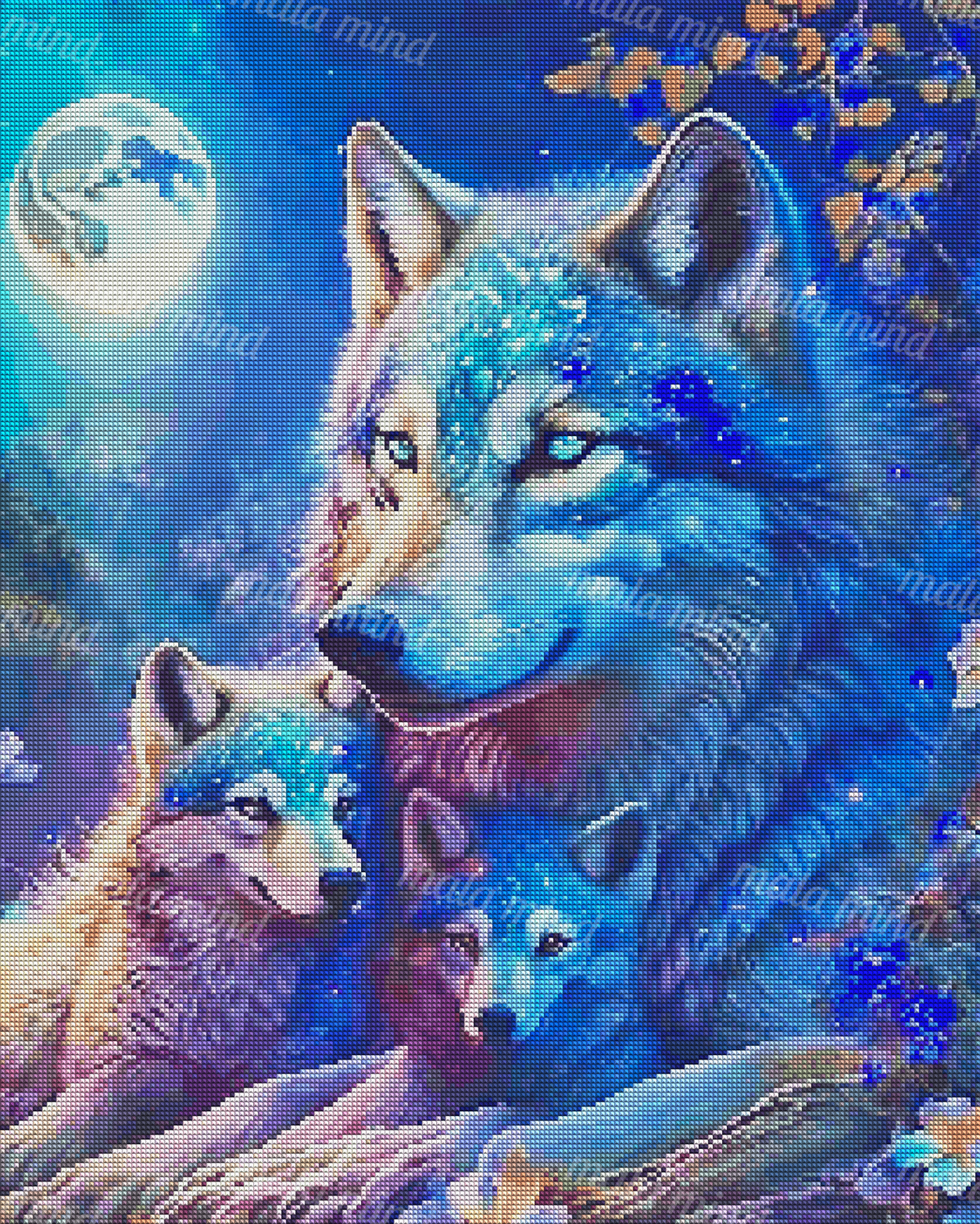 Blue adult wolf with two pups beneath a glowing full moon in a colorful forest — 04_diamond_render