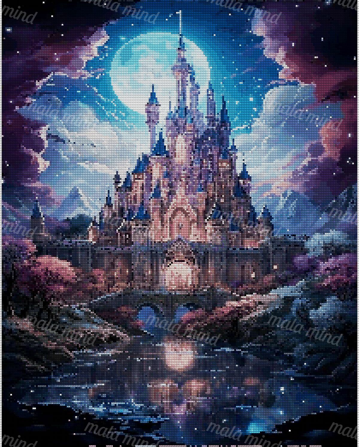 Gothic fantasy castle with glowing windows, full moon, mountains, and reflection in a lake — 04_diamond_render