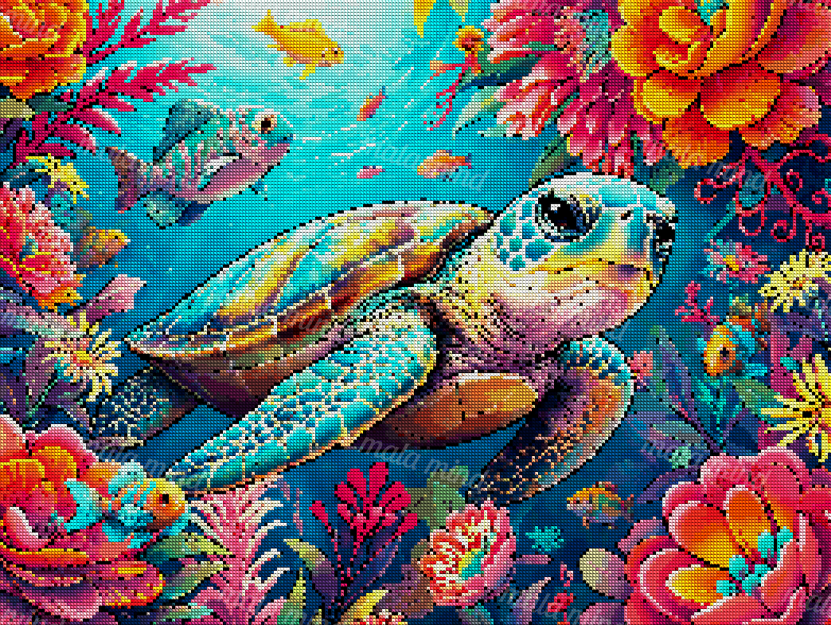 Colorful sea turtle swimming among tropical fish, flowers, and aquatic foliage underwater — 04_diamond_render