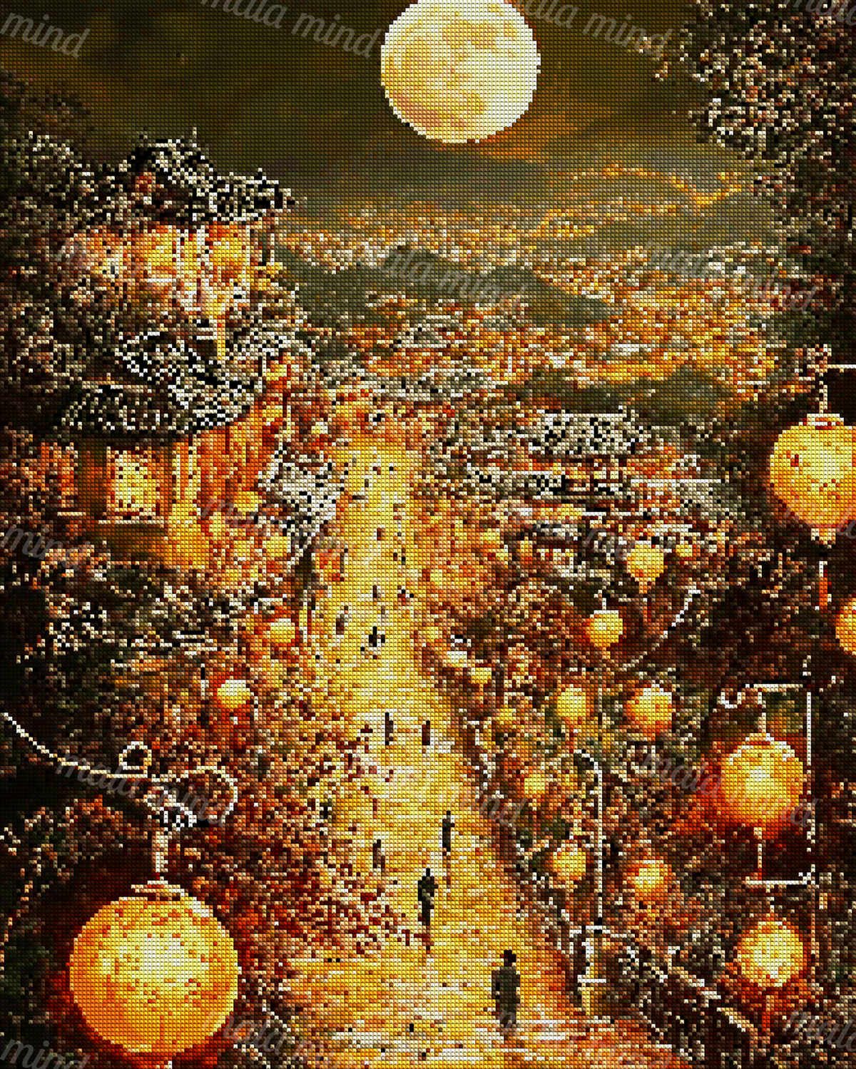 Lantern-lit hillside village with traditional rooftops, a full moon, and a central pathway — 04_diamond_render