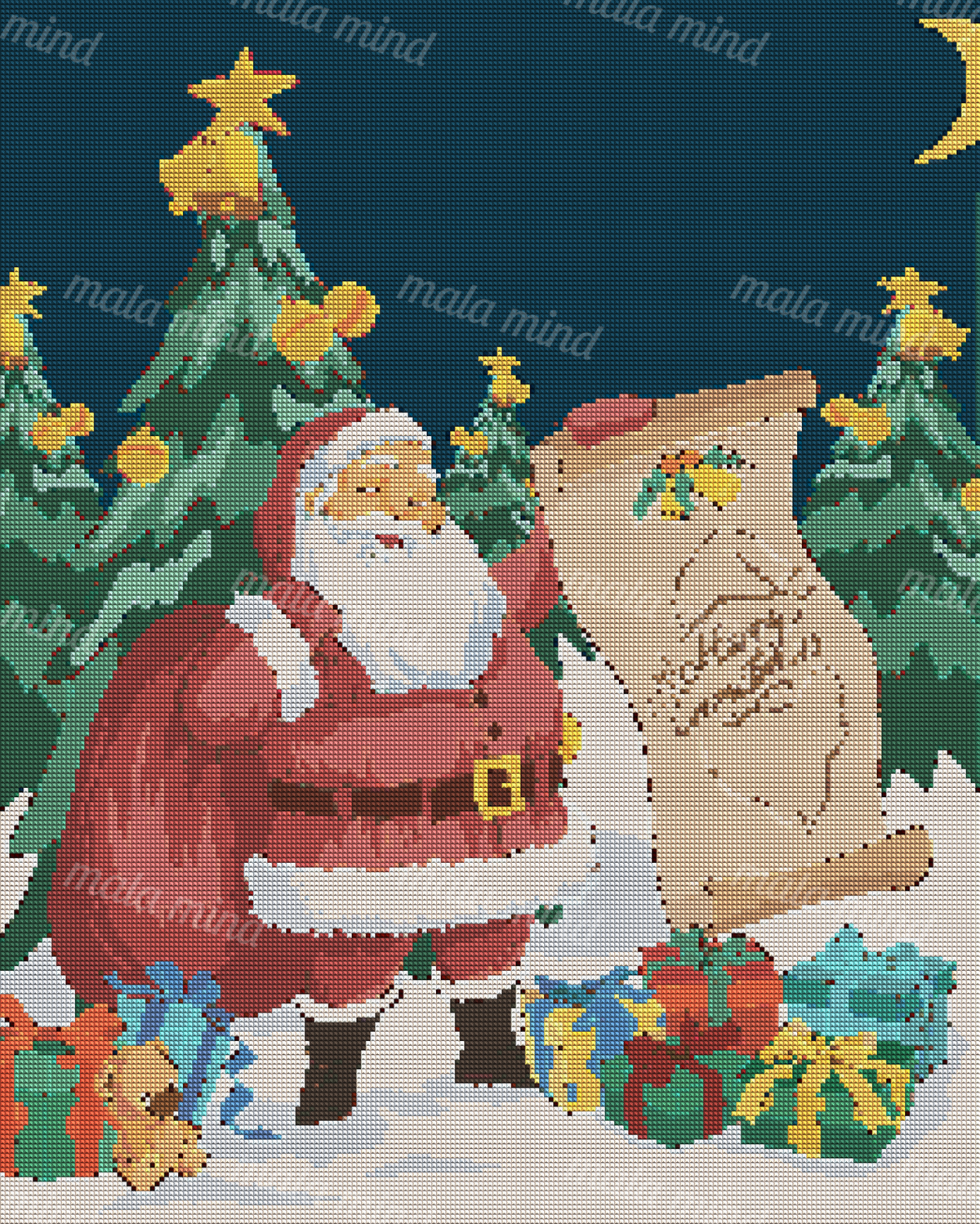 Cartoon Santa Claus with a Merry Christmas scroll, presents, evergreen trees, teddy bear, and crescent moon — 04_diamond_render