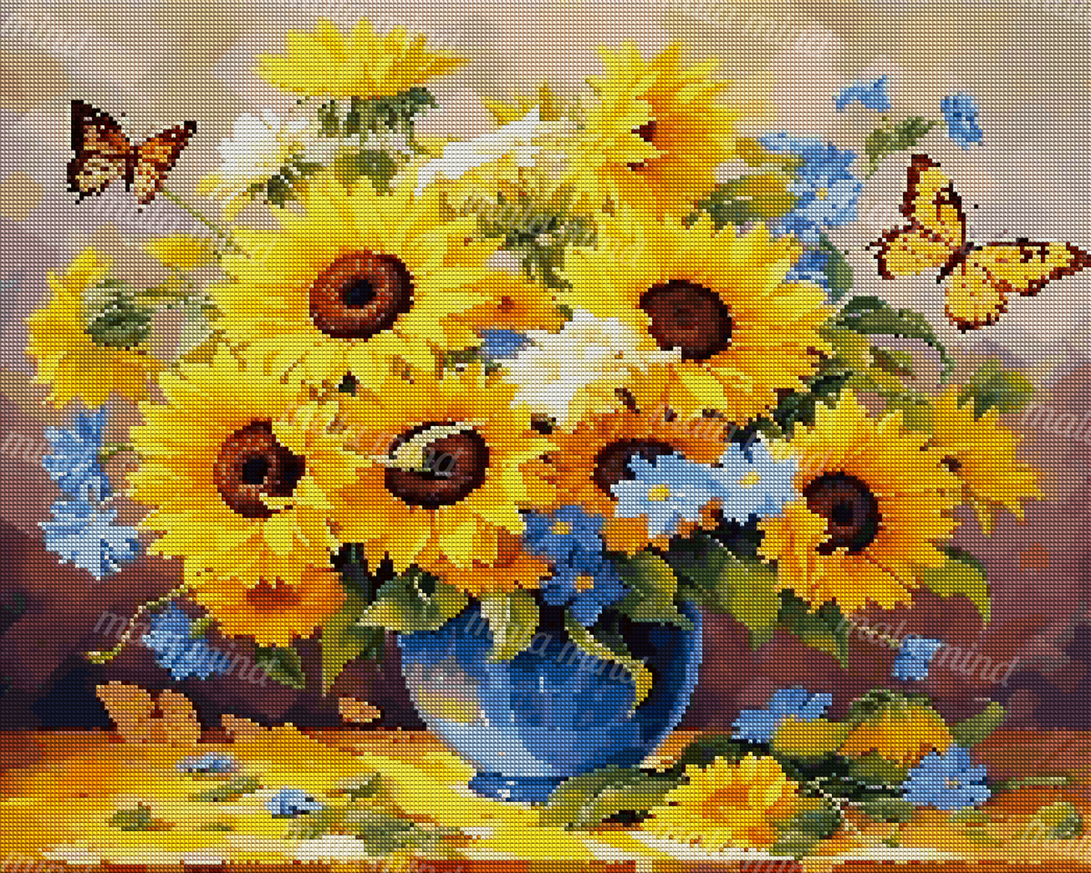 Colorful sunflower bouquet with blue flowers and butterflies in a blue glass vase — 04_diamond_render