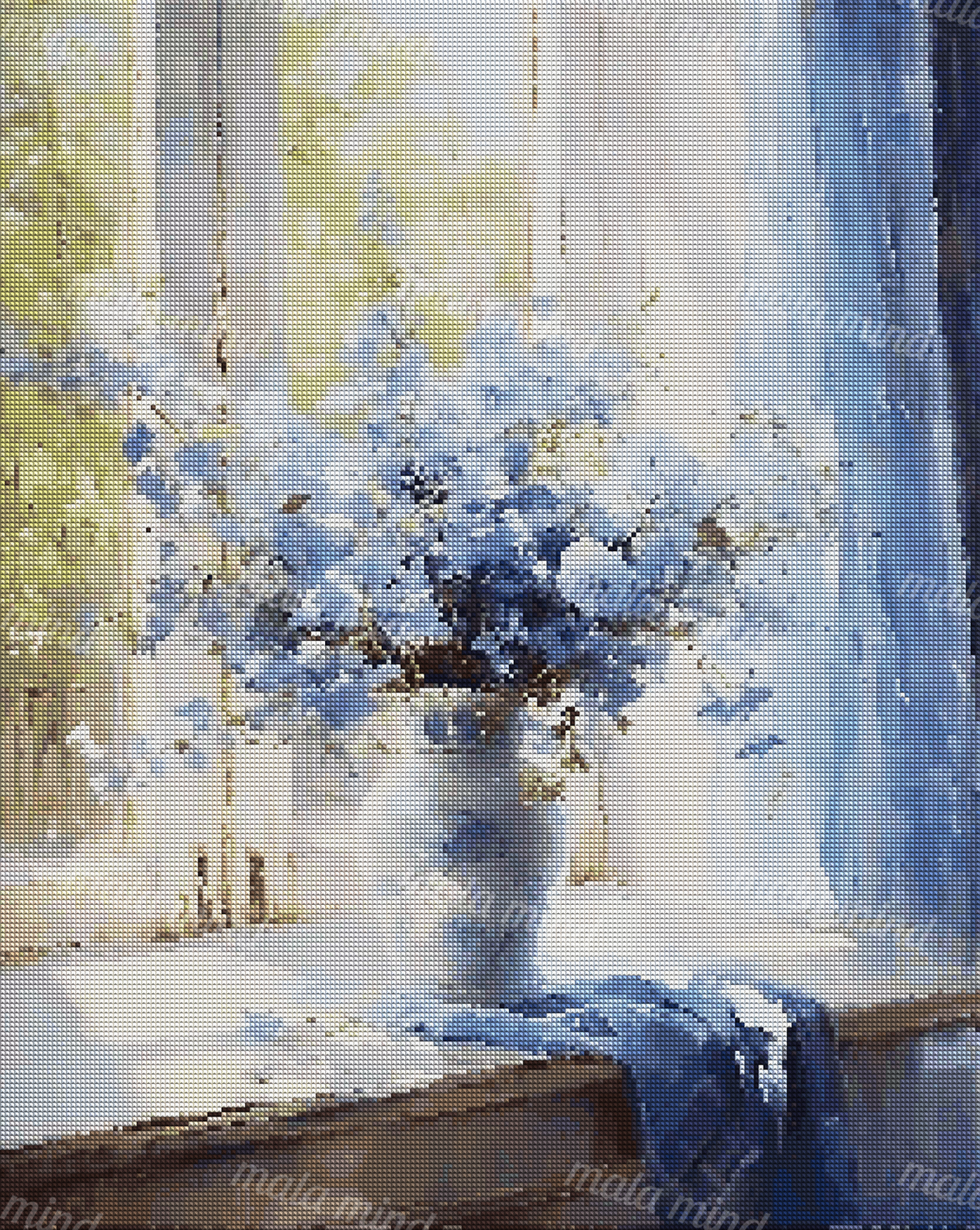 Painterly blue flower bouquet in a white vase on a sunlit windowsill with blue curtains — 04_diamond_render