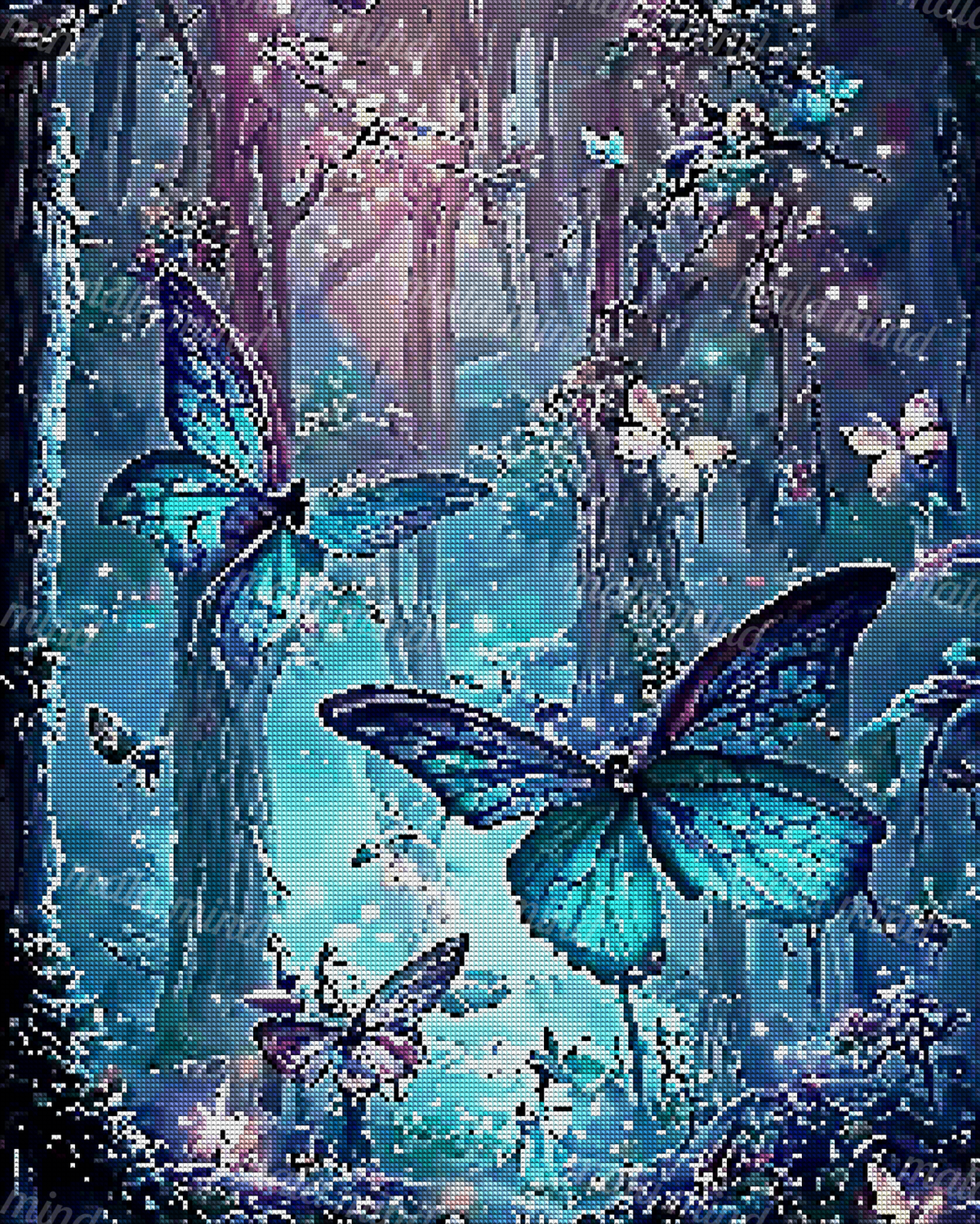 Colorful blue, teal, pink, and purple butterflies among glowing trees and foliage in a fantasy forest — 04_diamond_render