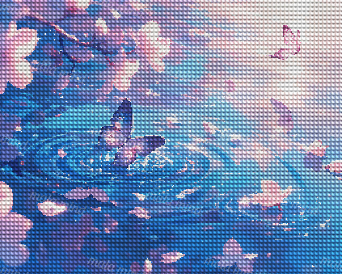 Butterflies and pink blossoms hover over rippling blue water with floating petals and bright reflections. — 04_diamond_render
