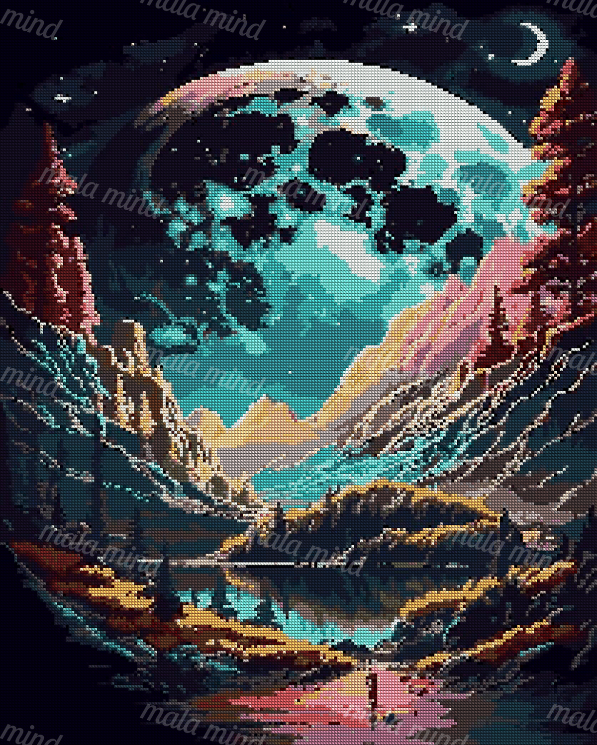 Stylized moonlit mountain valley with a cratered moon, pine trees, reflective lake, and small standing figure — 04_diamond_render
