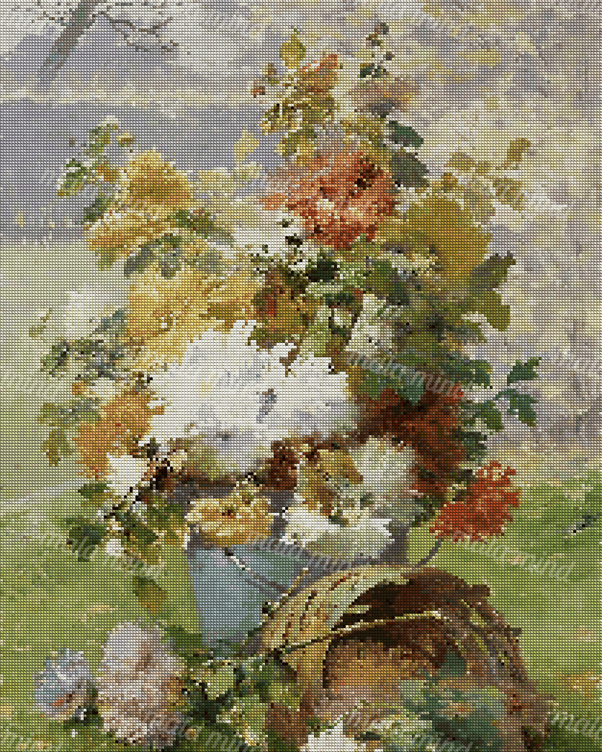 Impressionist painting of a multicolored chrysanthemum bouquet in a blue-gray vase above a woven basket. — 04_diamond_render