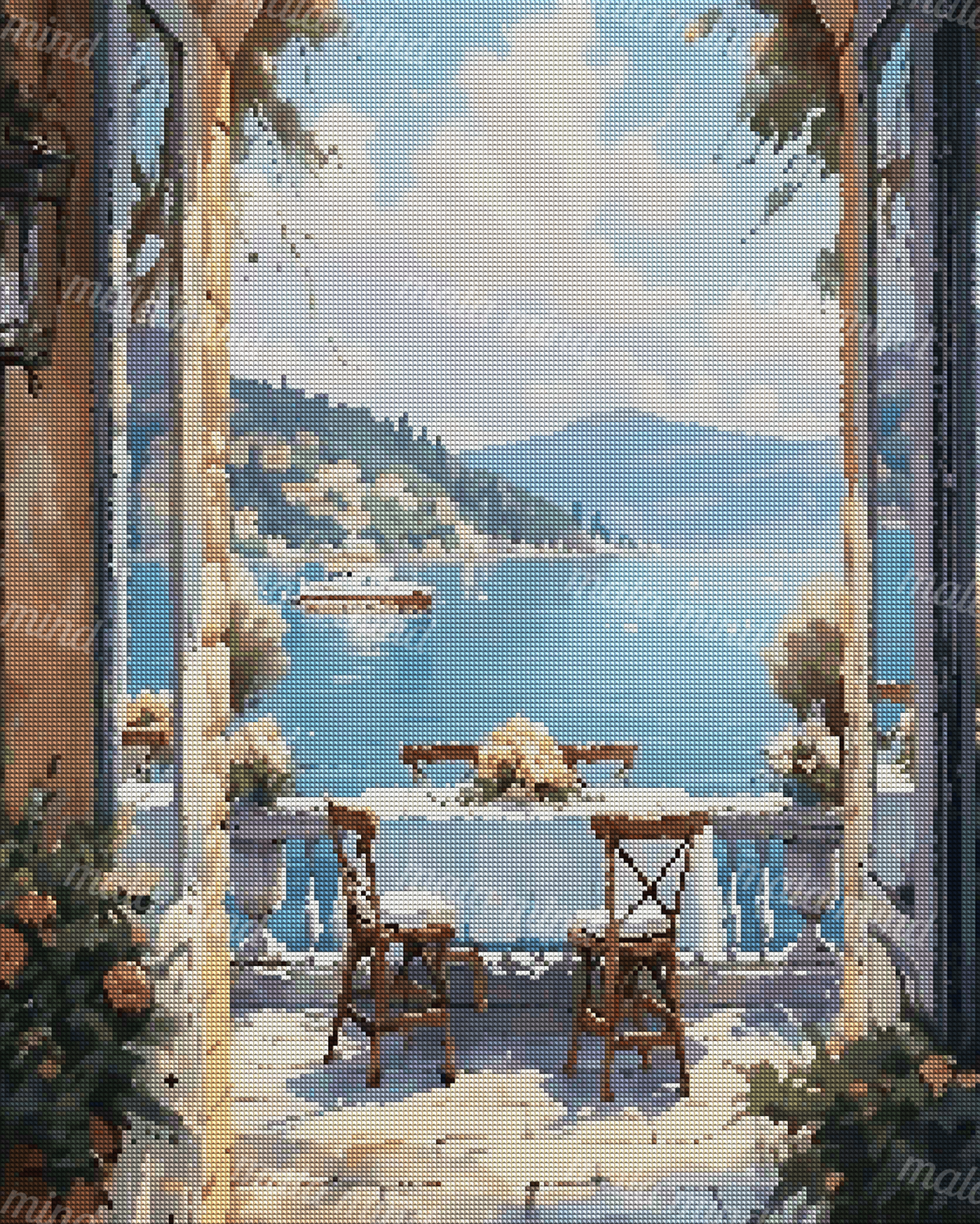 Painterly terrace with flowers, table and chairs overlooking a blue lake, boats, hillside village, and mountains — 04_diamond_render