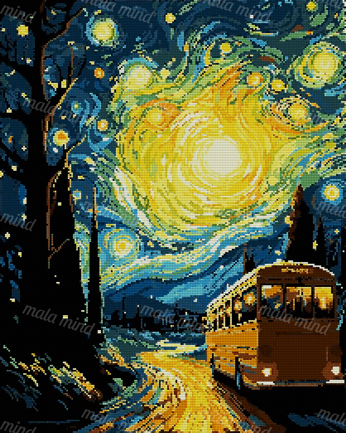 Yellow-orange bus on a winding road beneath a glowing swirling night sky and silhouetted tree — 04_diamond_render
