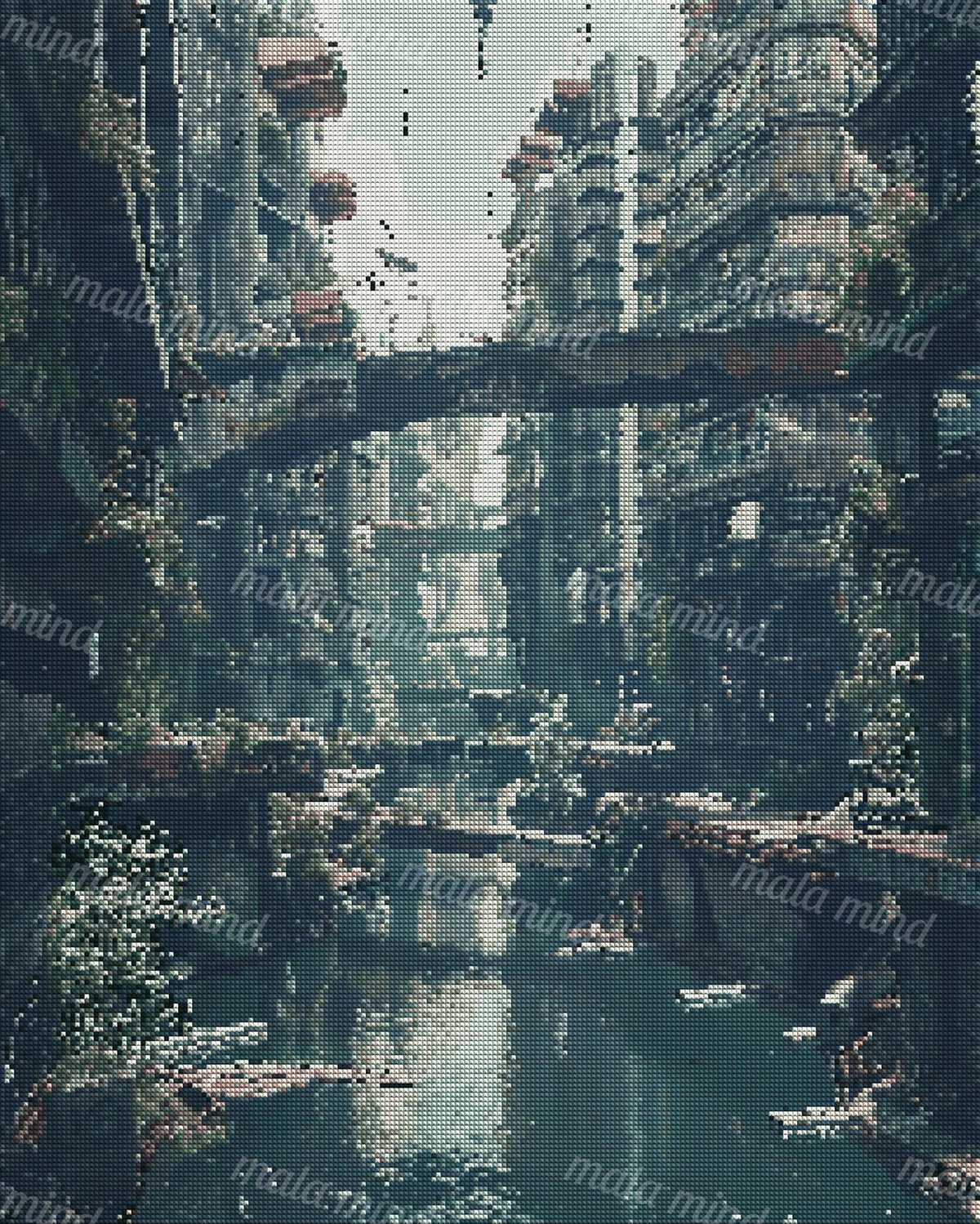 Overgrown canal winding through a dense city of weathered buildings, bridges, cables, and industrial structures — 04_diamond_render