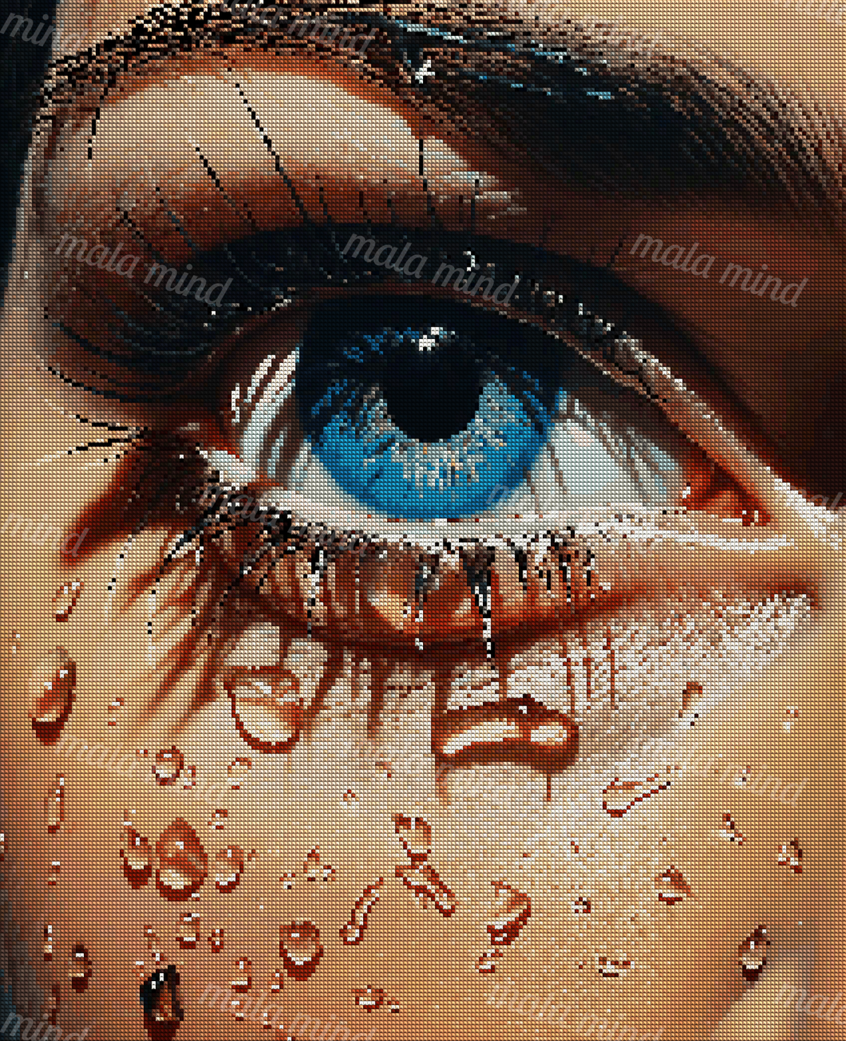 Hyperrealistic close-up of a vivid blue eye with dark lashes, tears, makeup, and water droplets on the skin. — 04_diamond_render