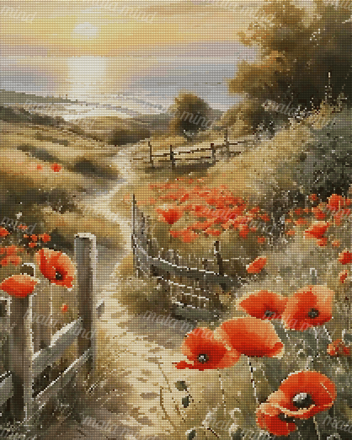 Painterly coastal path through red poppies and dunes leading to the ocean at sunset — 04_diamond_render