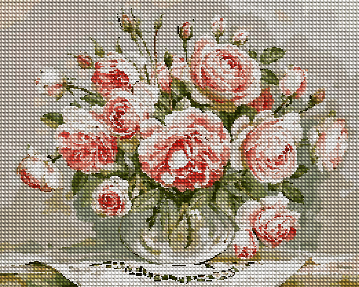 Painterly bouquet of pink and coral roses with green leaves in a glass vase on lace cloth — 04_diamond_render
