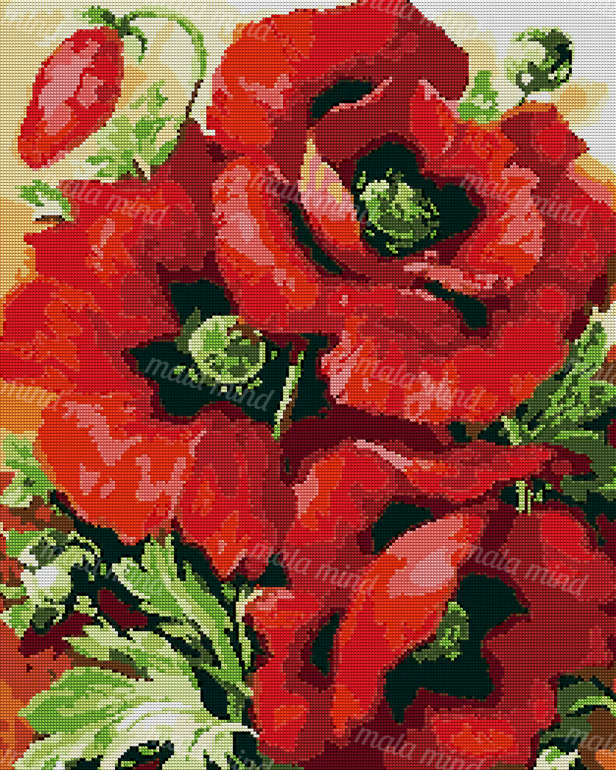 Stylized close-up of overlapping red poppy flowers with dark centers and green foliage. — 04_diamond_render