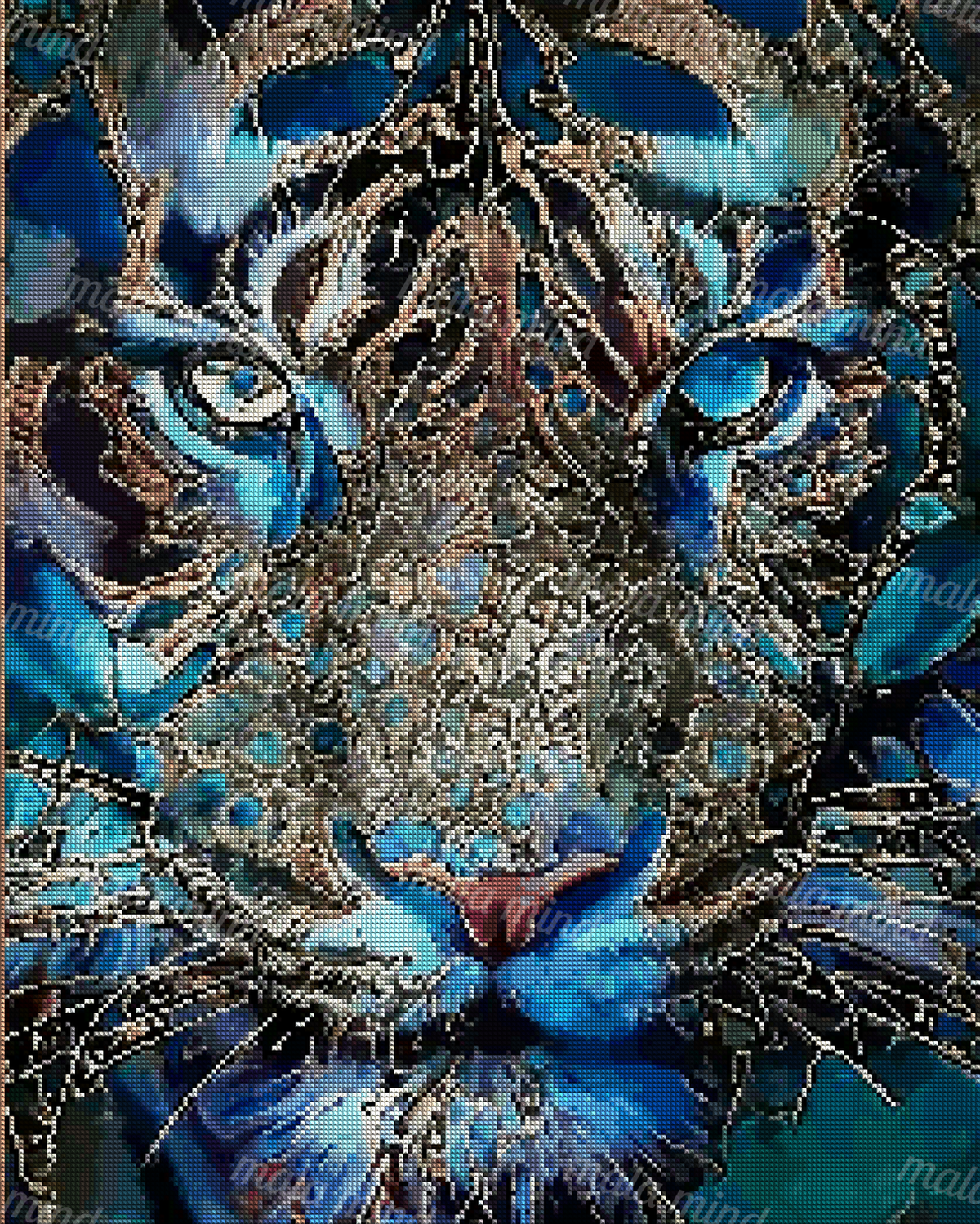 Abstract blue feline face with bright eyes, purple nose, and intricate gold and black linework — 04_diamond_render