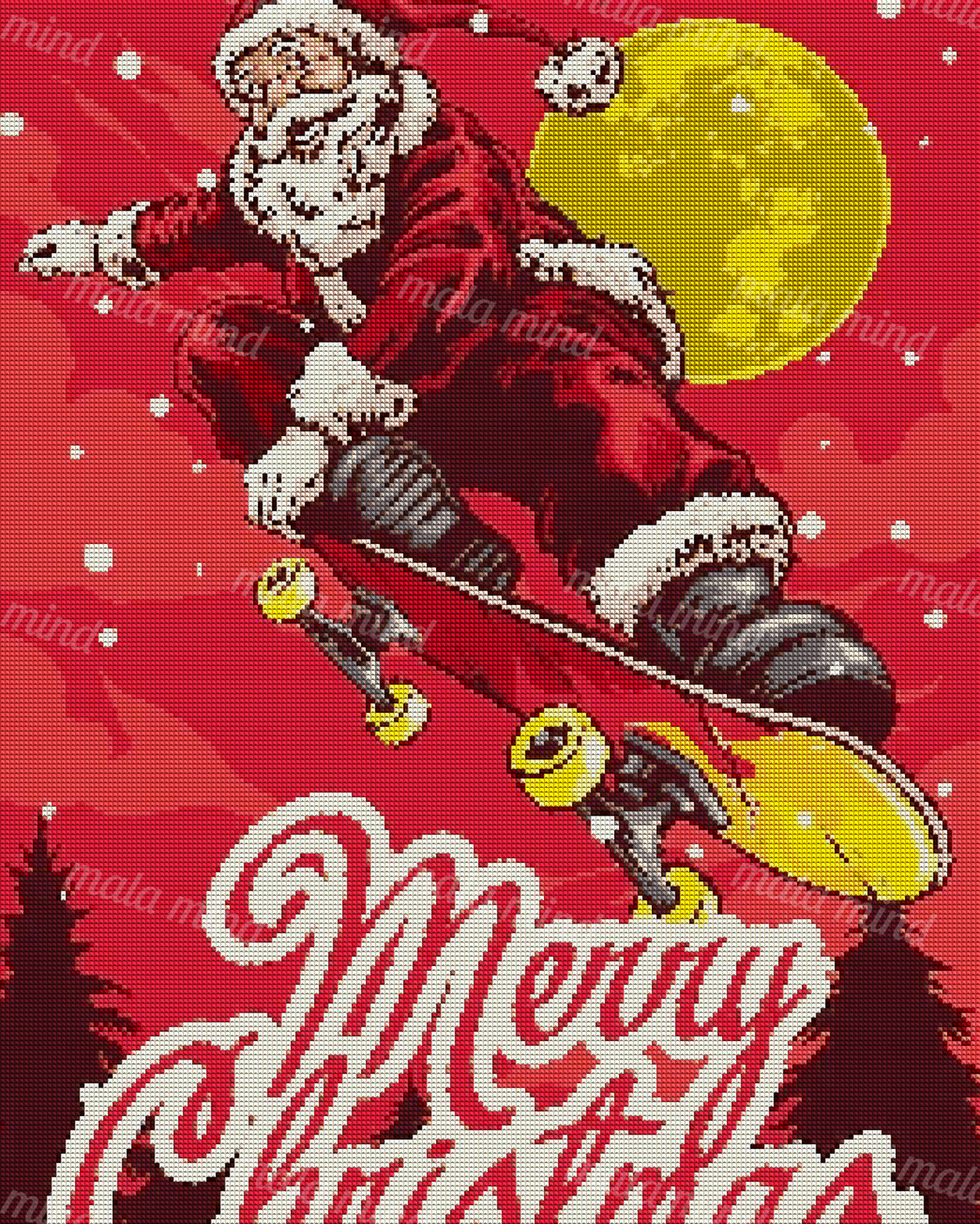 Retro illustration of Santa skateboarding before a yellow moon with Merry Christmas lettering — 04_diamond_render