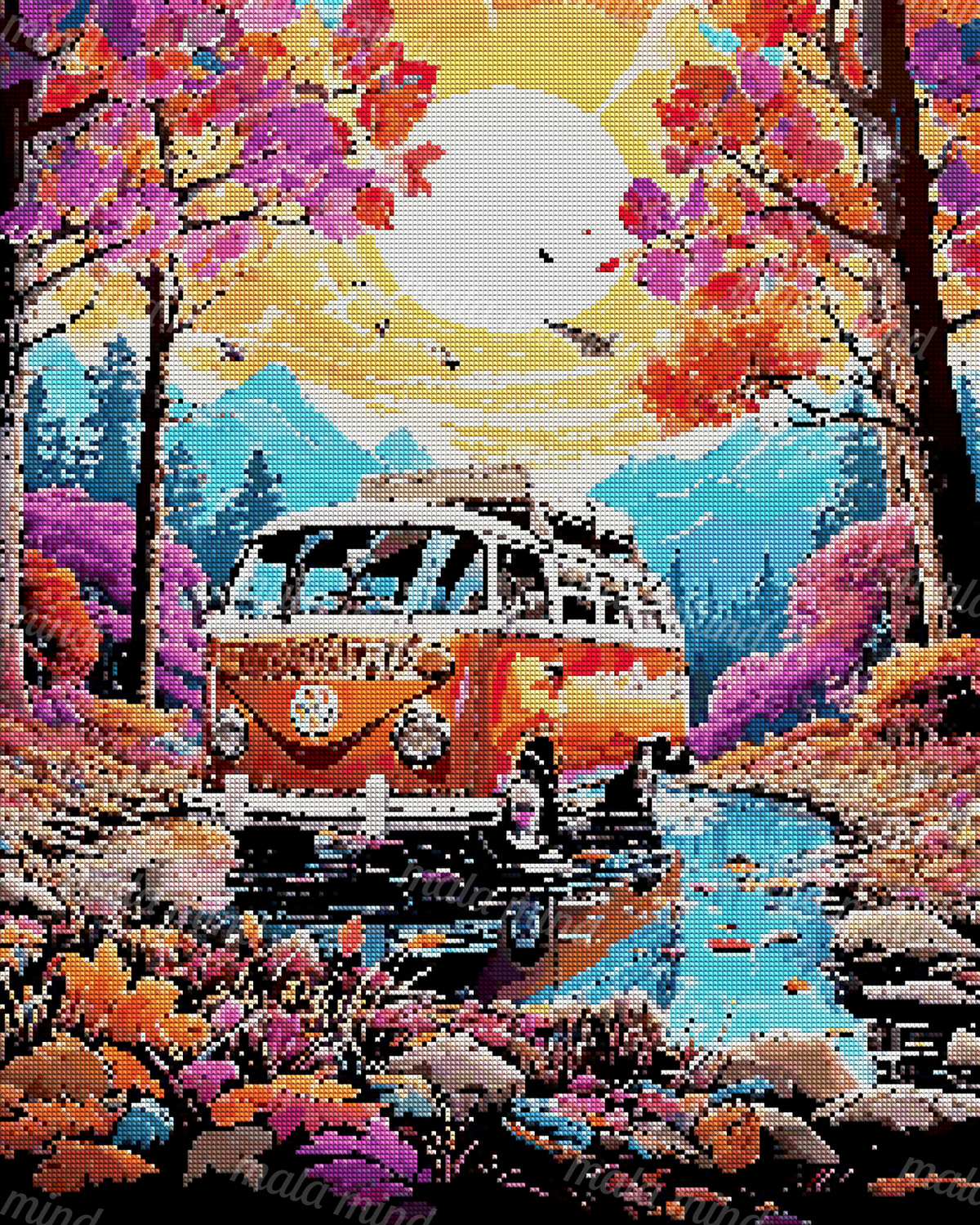 Orange-and-white vintage van reflected in a forest stream beneath autumn trees and blue mountains — 04_diamond_render
