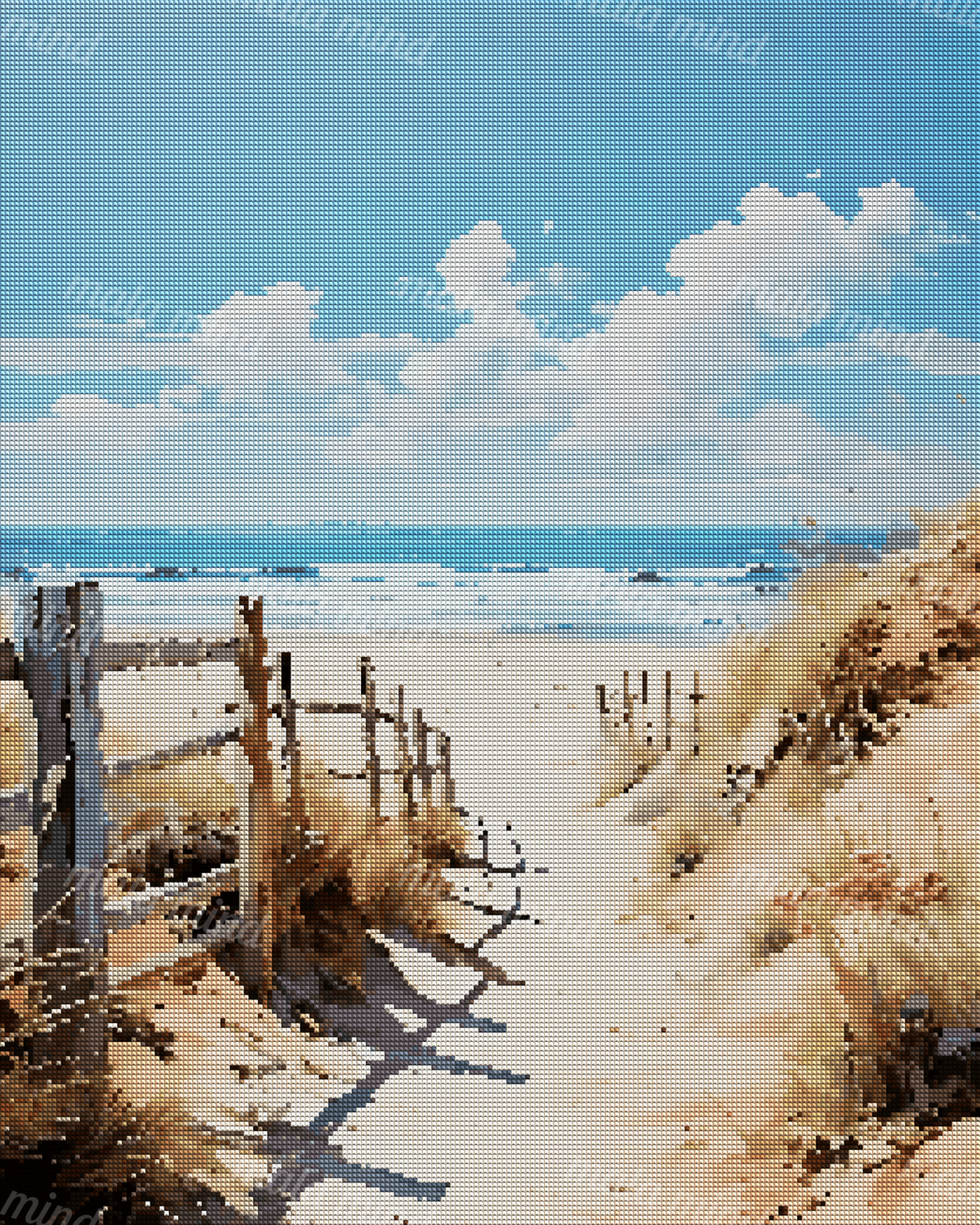 Painterly beach path through fenced dunes leading to a blue ocean beneath large white clouds — 04_diamond_render