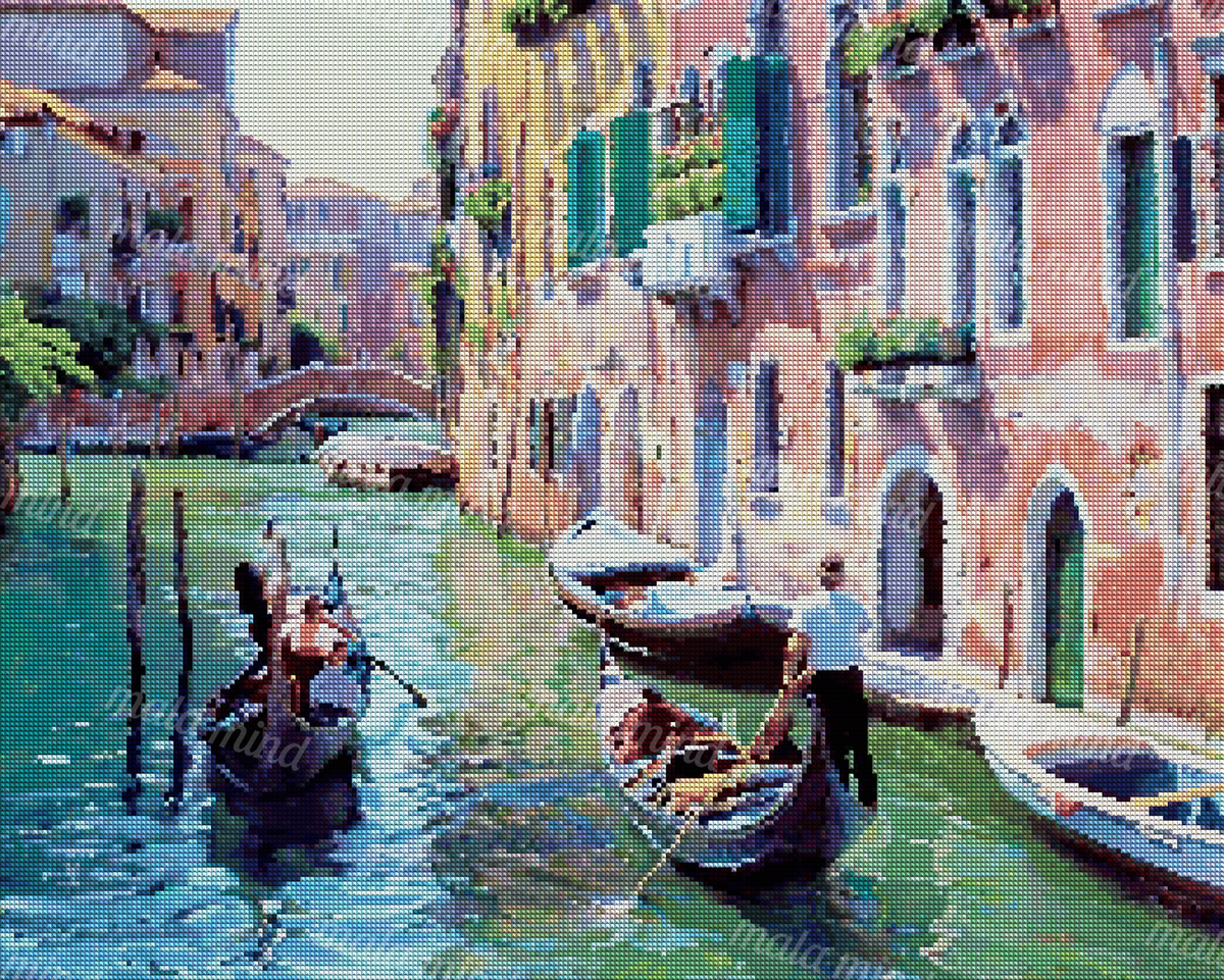 Colorful Venetian canal with gondolas, boats, historic buildings, and an arched bridge — 04_diamond_render