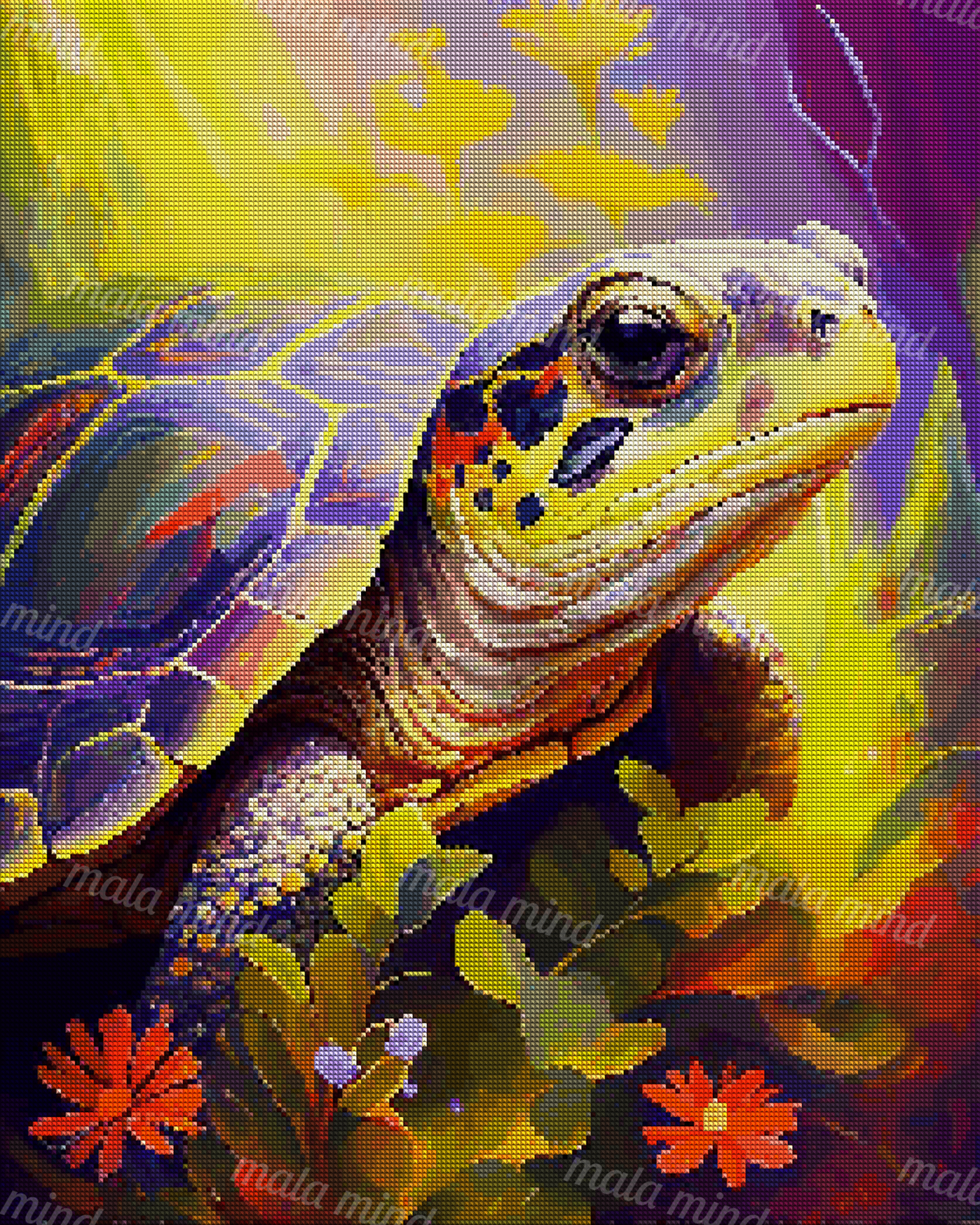 Colorful turtle with a patterned shell surrounded by bright flowers and green foliage — 04_diamond_render