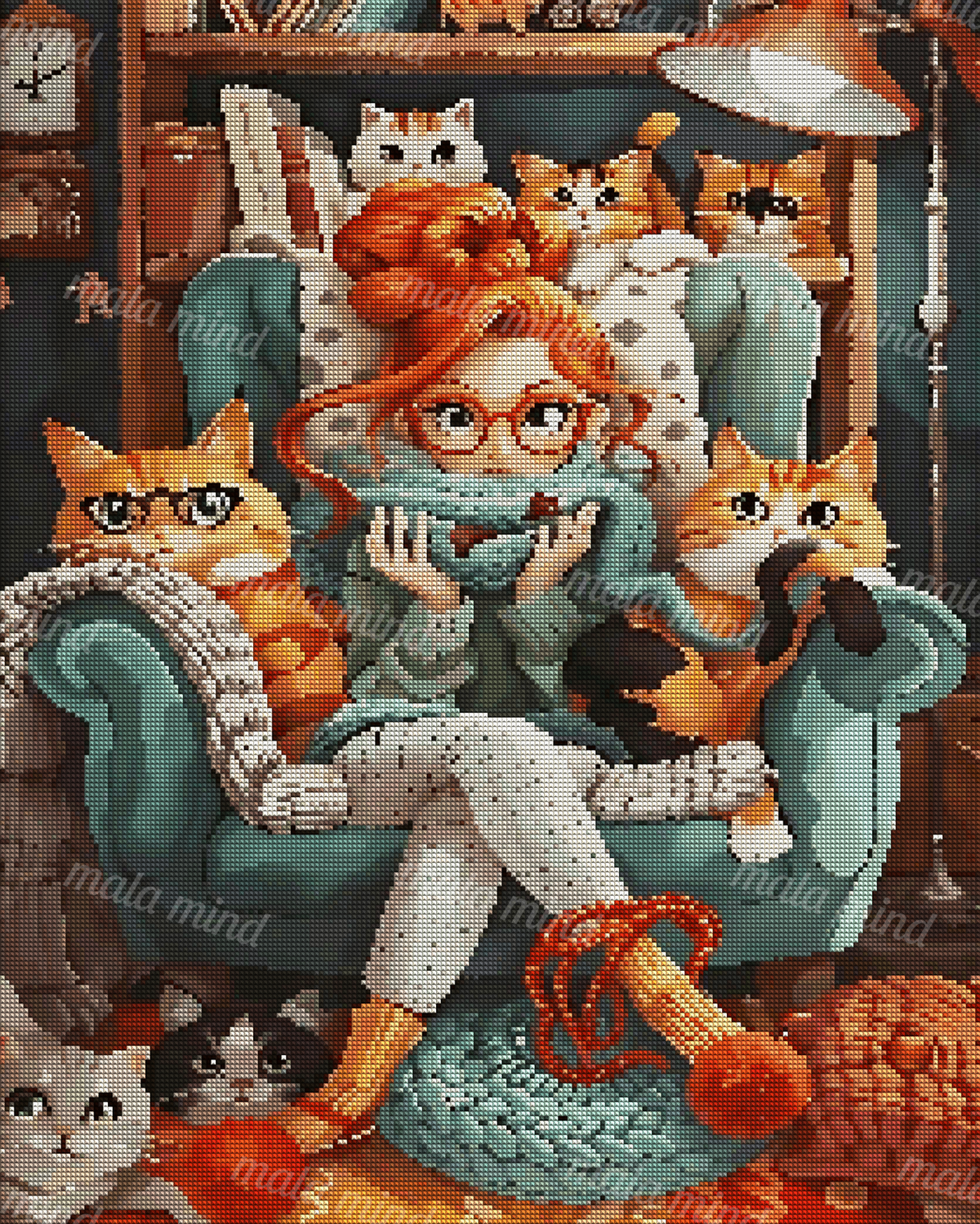 Red-haired woman in a teal armchair knitting with multiple cats, yarn, bookshelves, and warm decor — 04_diamond_render