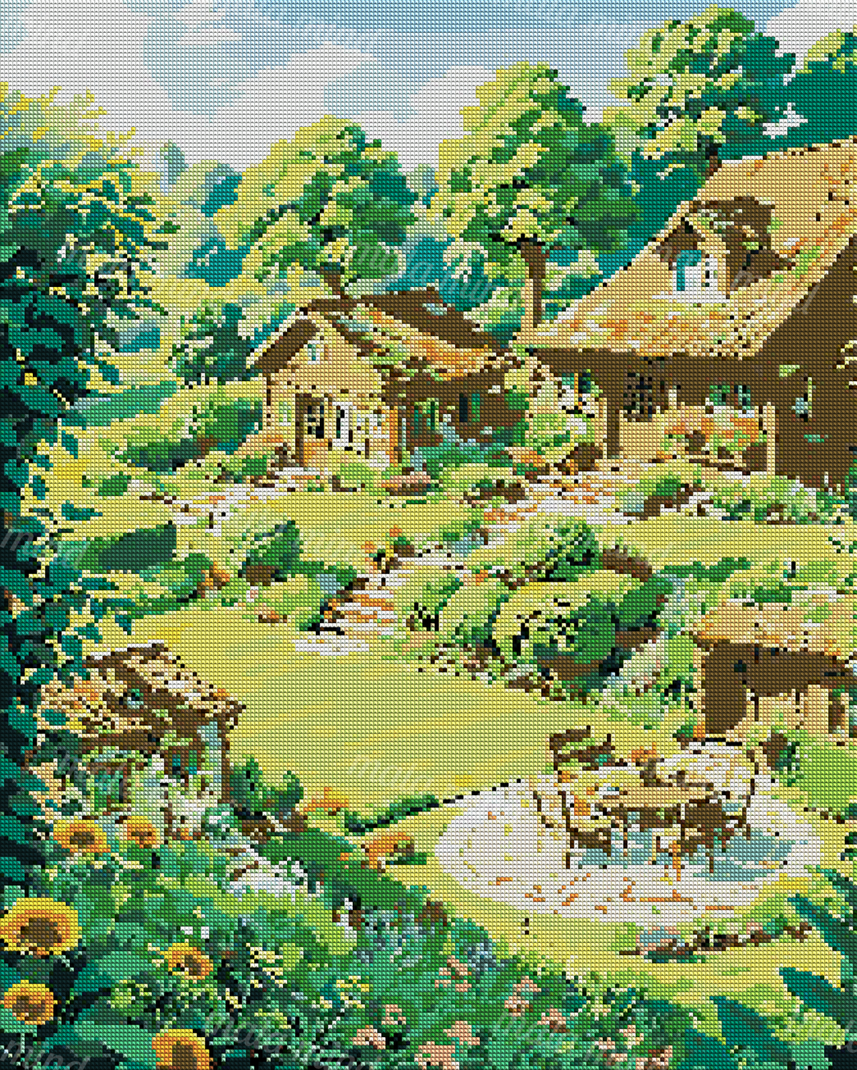 Colorful rustic cottages surrounded by a flowering garden, stone paths, sunflowers, and dense woodland trees — 04_diamond_render