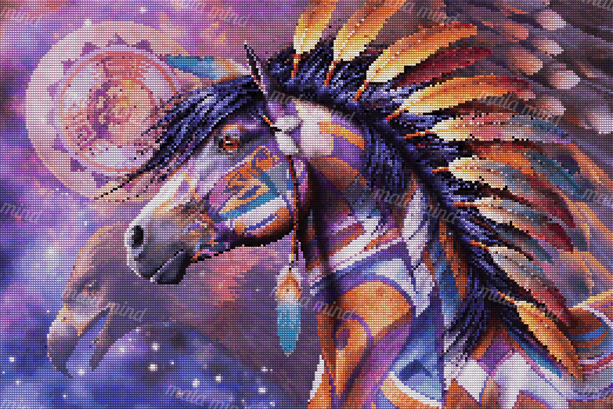 Geometric horse with a colorful feathered mane against stars, nebula clouds, and a circular symbol. — 04_diamond_render