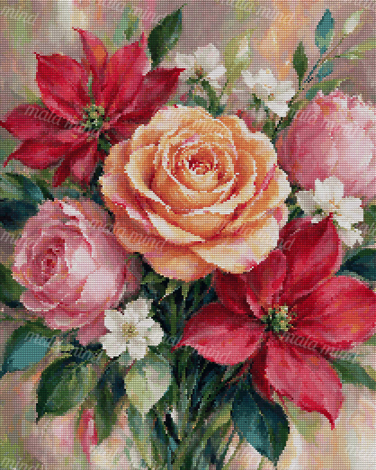 Painterly bouquet with a central peach rose, pink roses, red flowers, white blossoms, and green foliage — 04_diamond_render