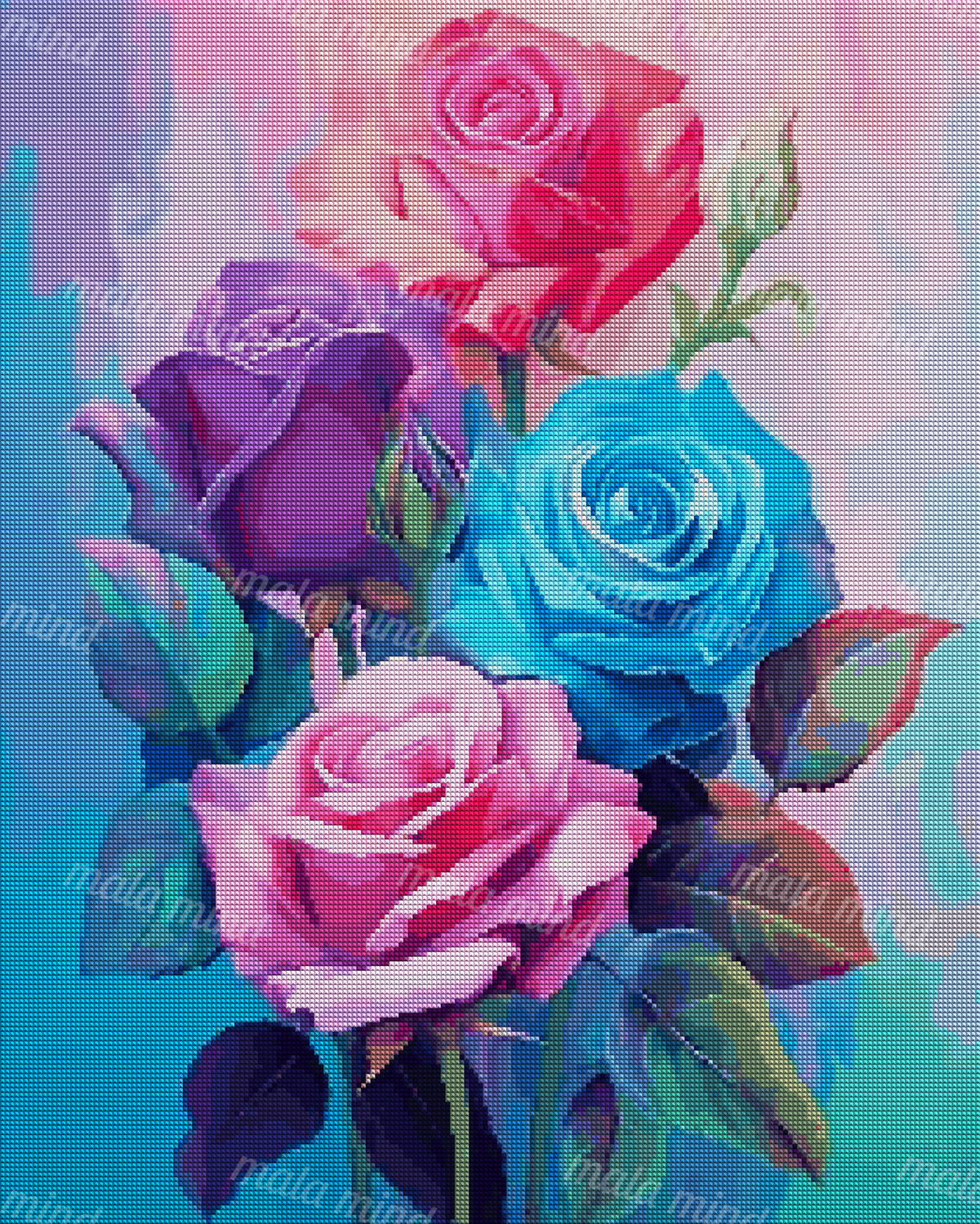 Colorful bouquet of pink, red, purple, and blue roses with green leaves on a pastel background — 04_diamond_render