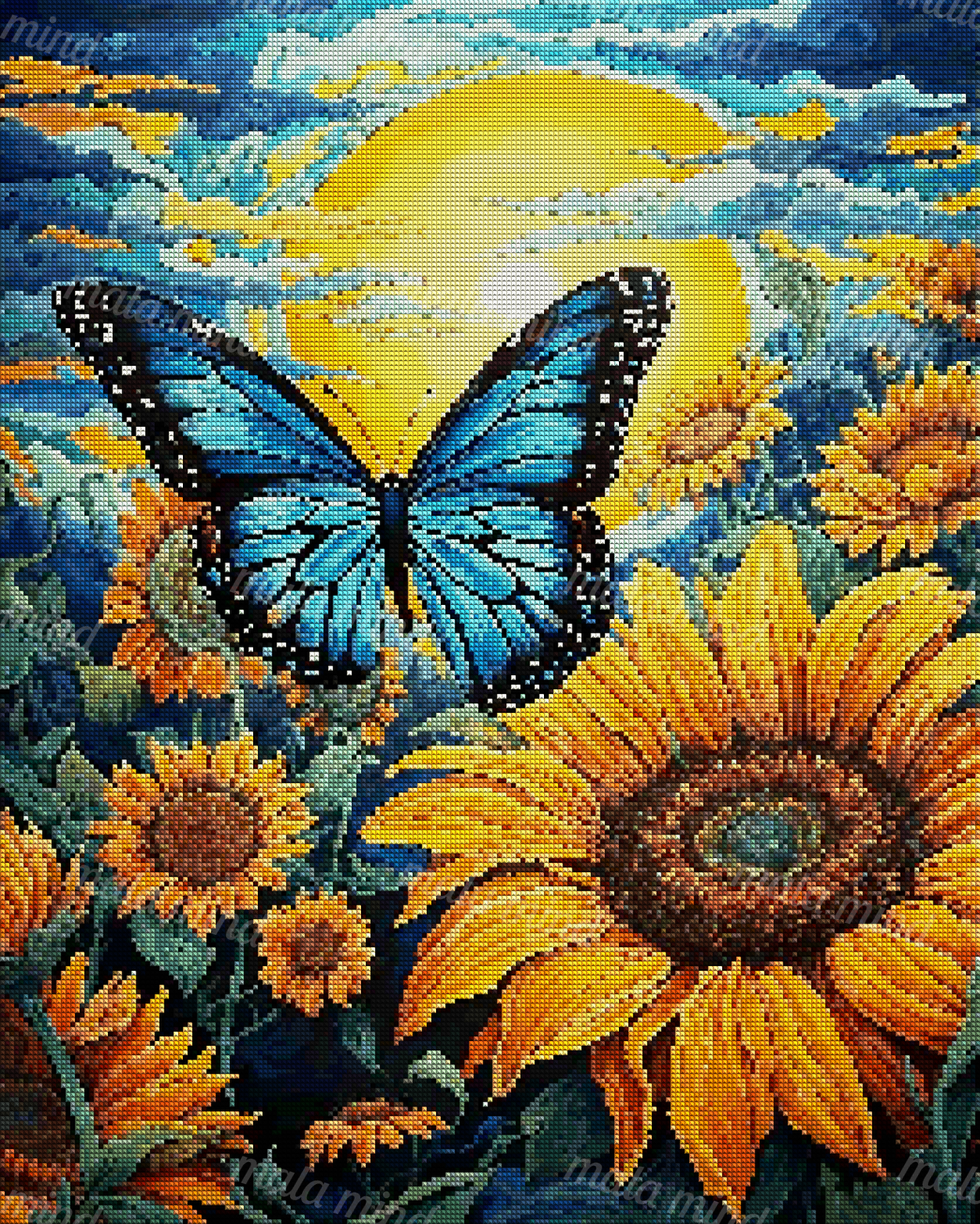 Blue butterfly centered among bright sunflowers beneath a glowing yellow sun and swirling blue clouds — 04_diamond_render