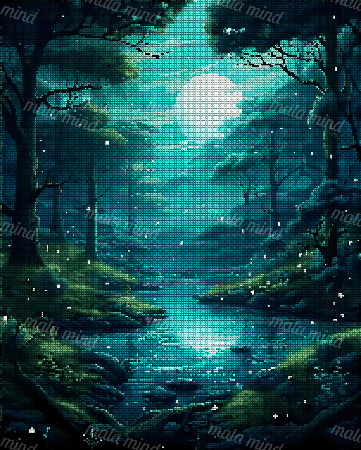 Moonlit forest stream reflecting a glowing full moon between dark trees and mossy rocky banks — 04_diamond_render