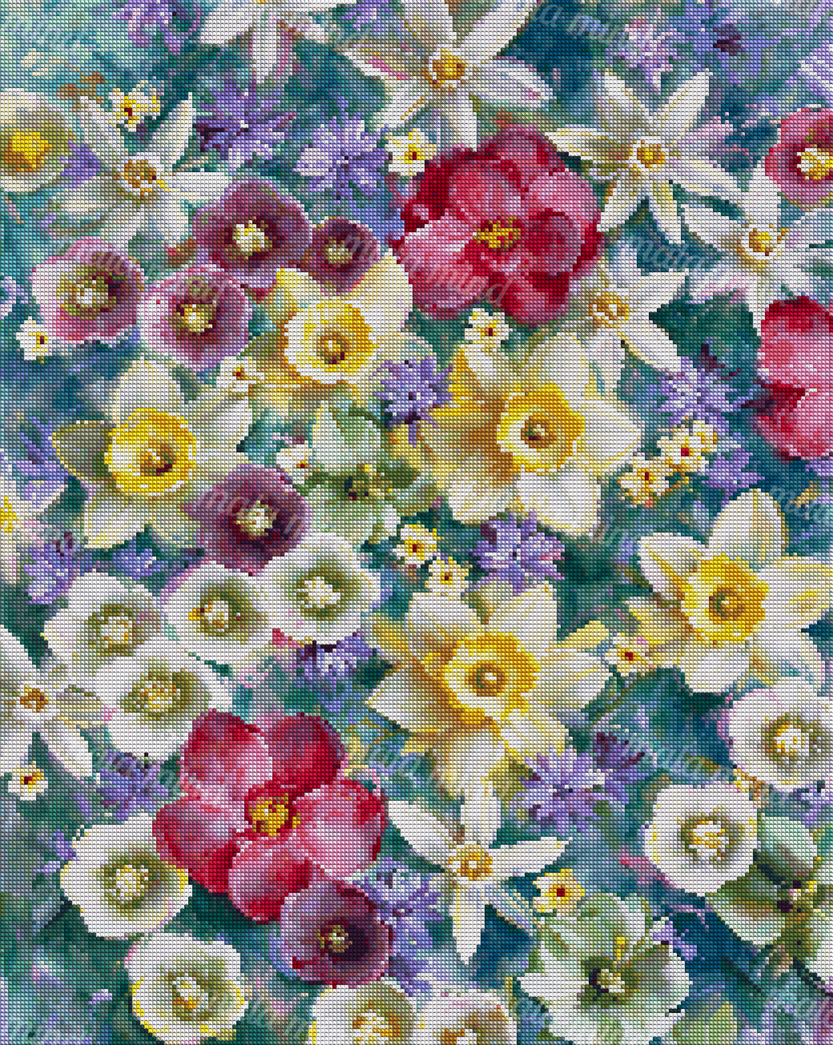 Dense colorful floral arrangement with red, pink, purple, white, and yellow flowers on a teal background — 04_diamond_render