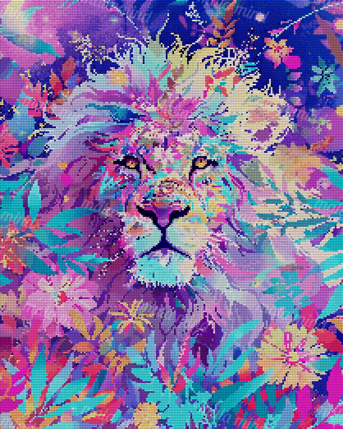 Vivid frontal lion portrait with a multicolored mane surrounded by flowers and teal and purple foliage. — 04_diamond_render