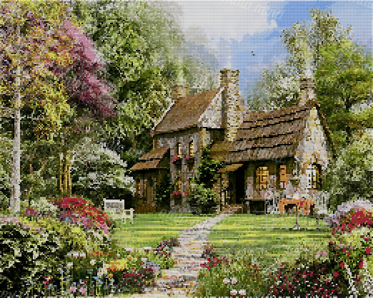 Stone cottage with thatched roofs surrounded by colorful flower beds, trees, and a winding garden path — 04_diamond_render