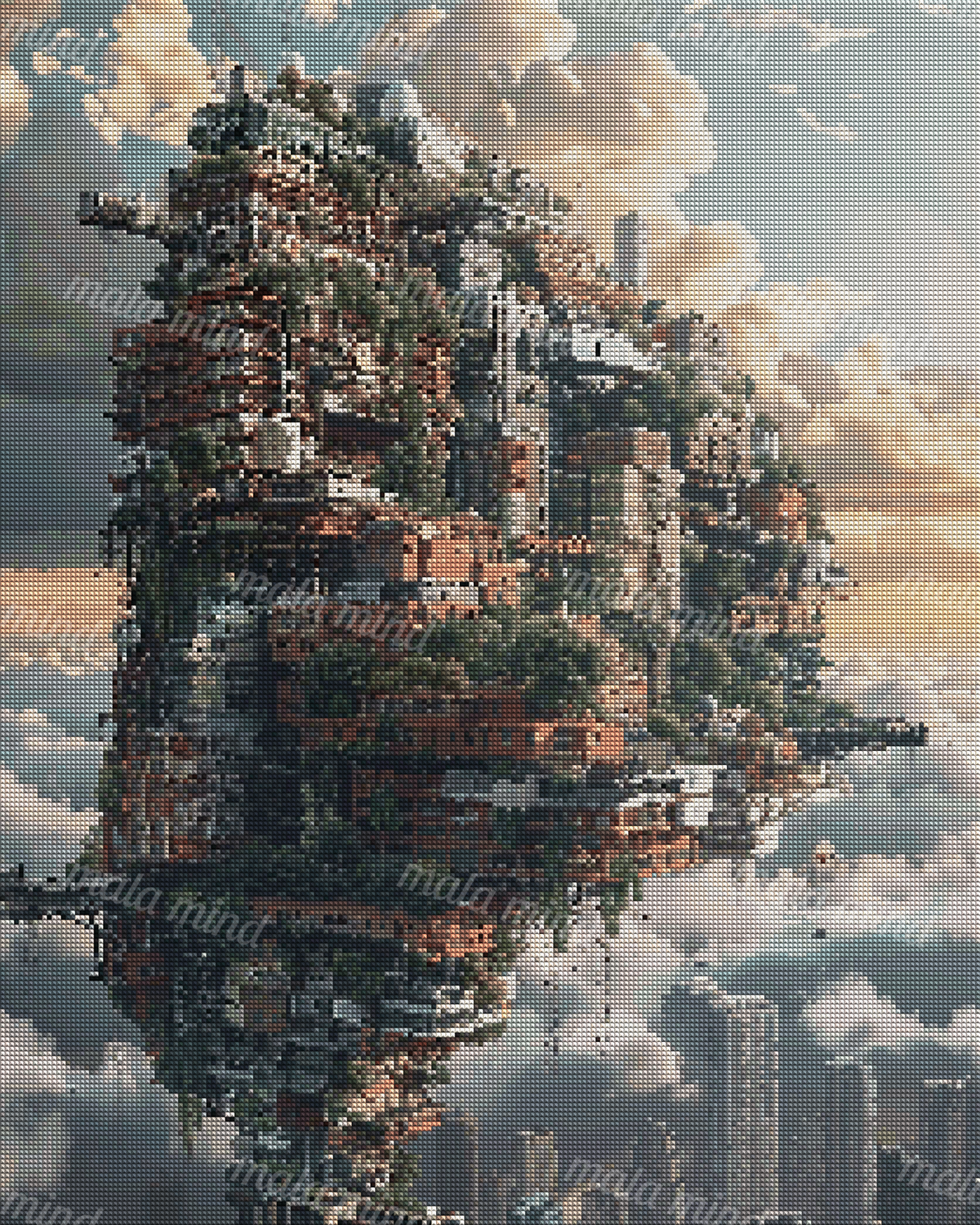 Futuristic floating city of stacked buildings and greenery surrounded by clouds — 04_diamond_render