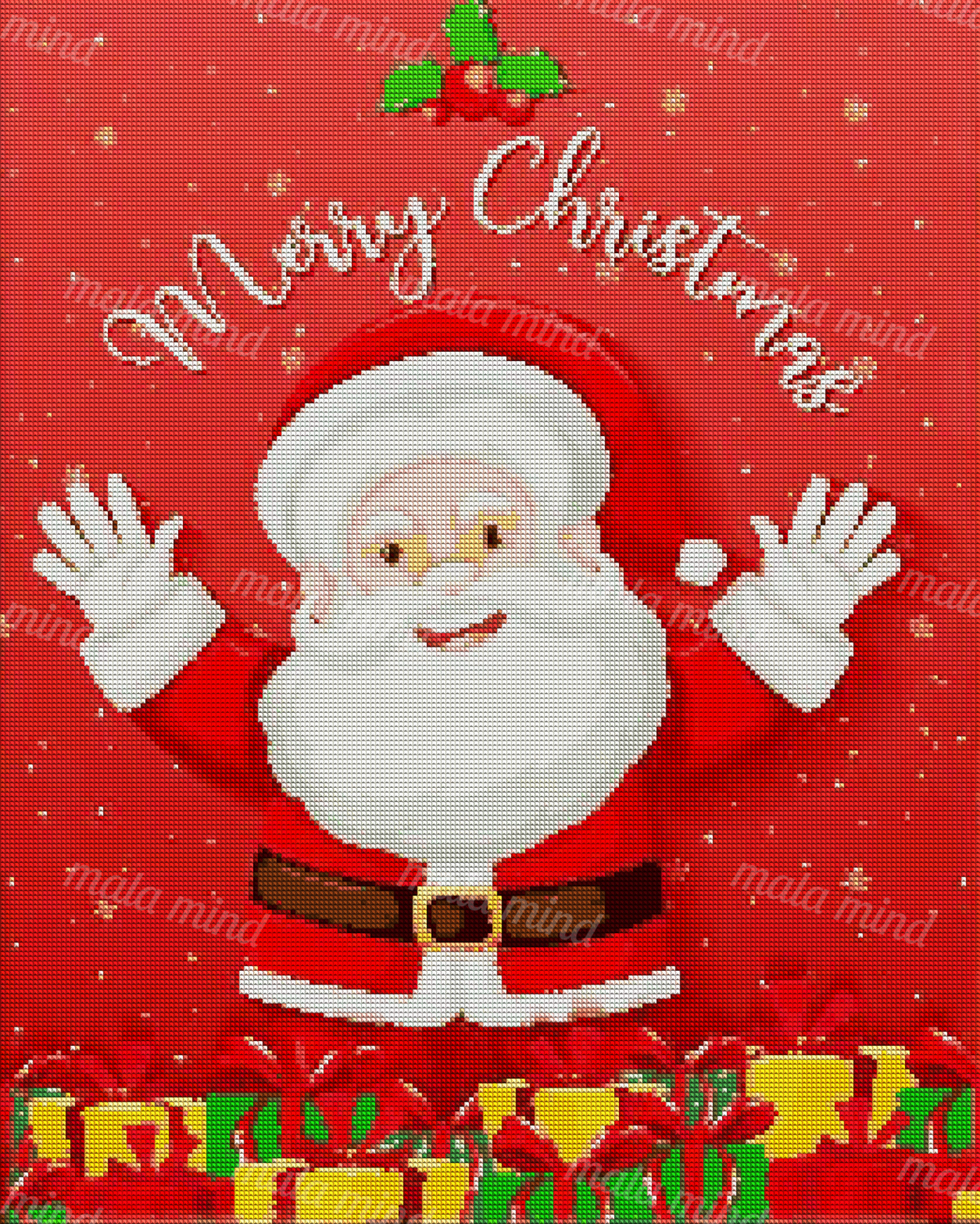 Cartoon Santa with raised hands above colorful wrapped presents on a red Christmas background — 04_diamond_render
