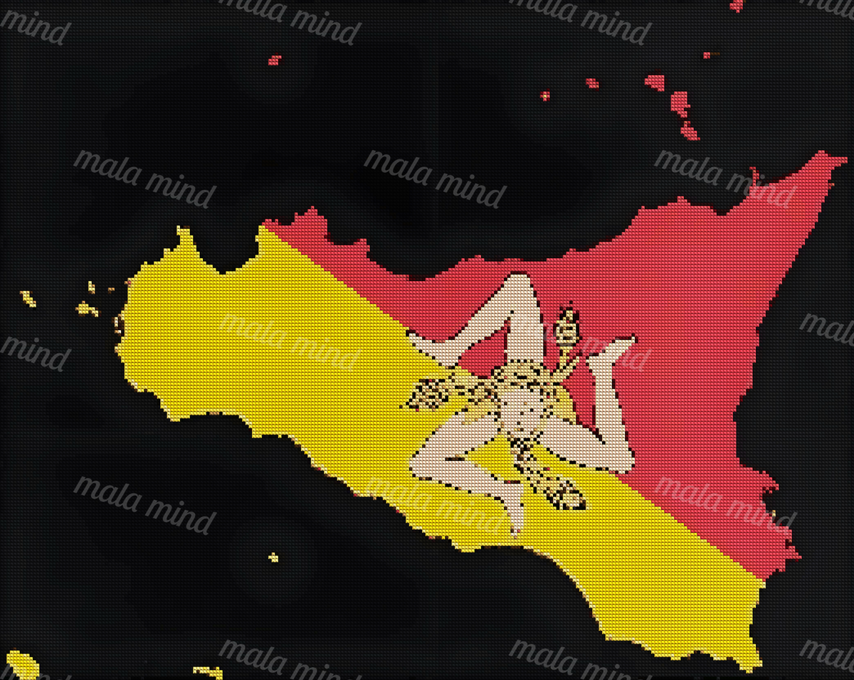 Trinacria figure over a red-and-yellow Sicily silhouette on a black background — 04_diamond_render