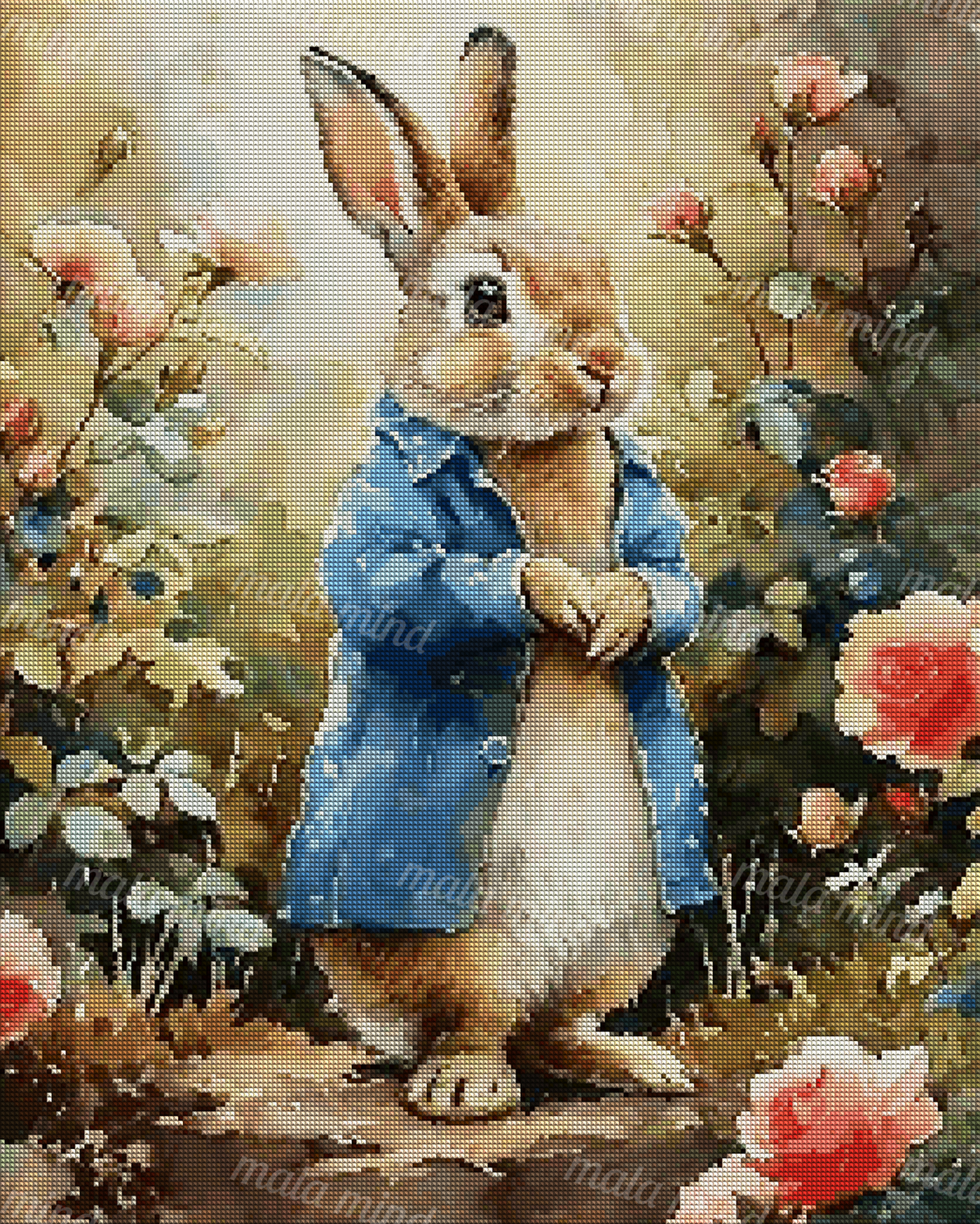 Anthropomorphic rabbit in a blue coat standing among pink and red roses in a garden — 04_diamond_render