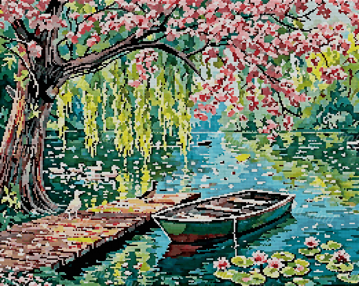 Stylized flowering pond with a green rowboat, wooden dock, ducks, and water lilies beneath a pink-blossomed tree. — 04_diamond_render