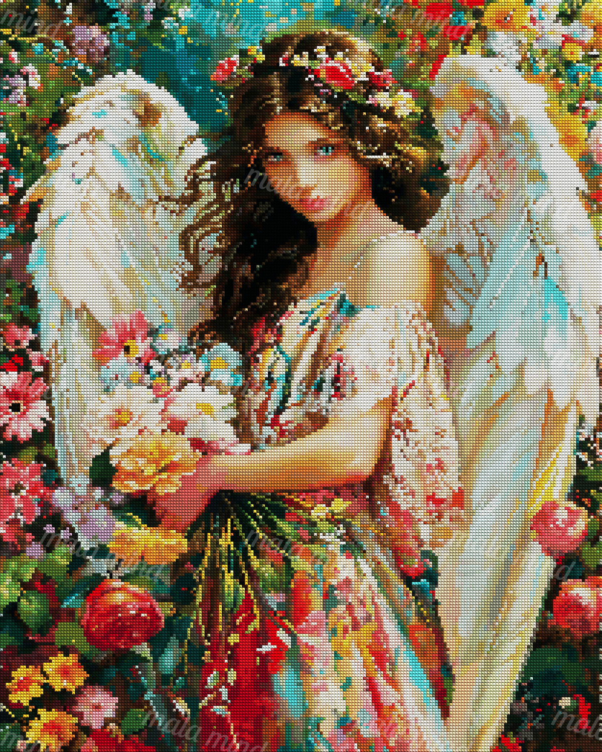 Winged woman with a floral crown, white feathered wings, colorful dress, and surrounding flowers — 04_diamond_render