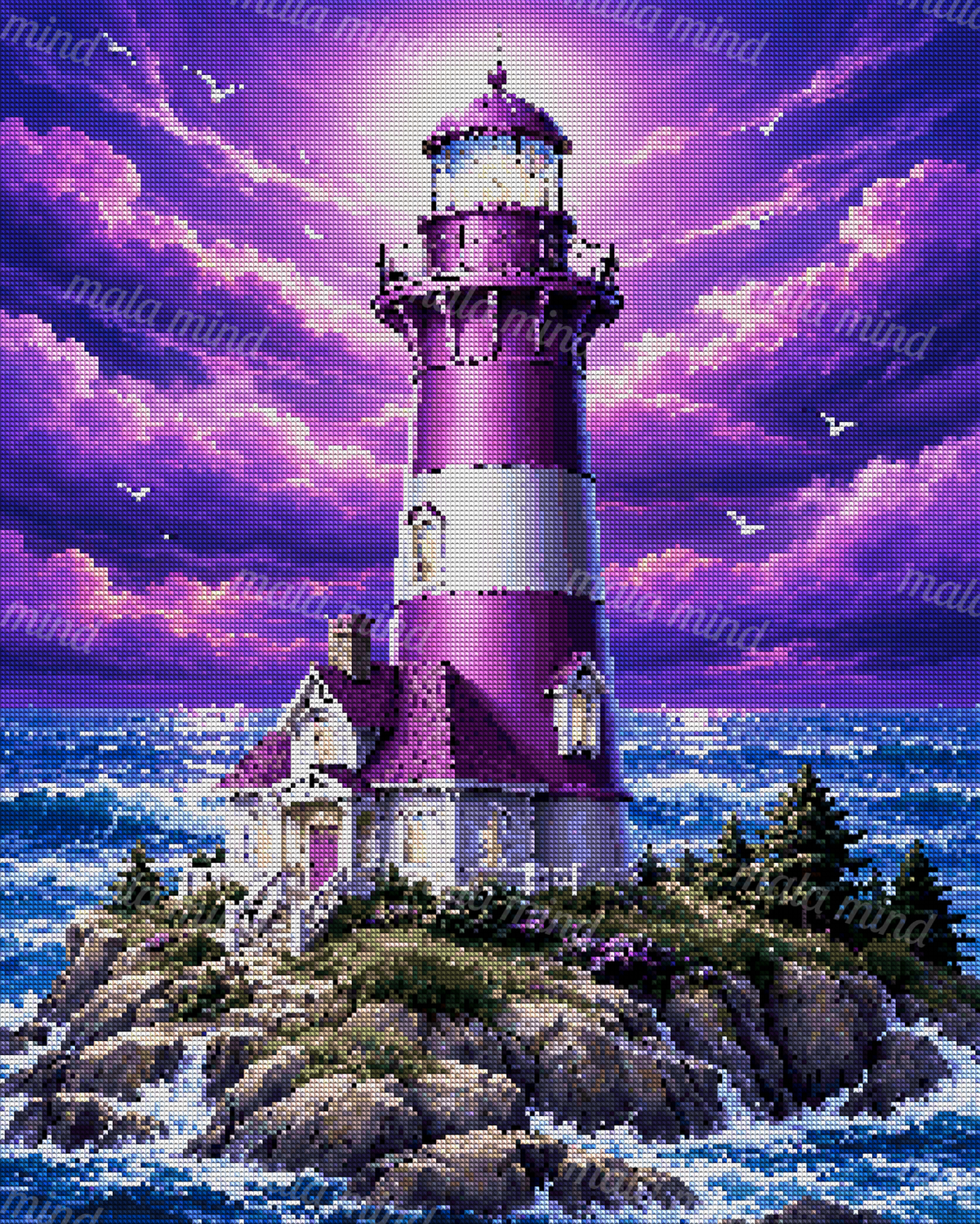 Purple lighthouse and coastal house on a rocky islet with waves, seabirds, and violet clouds — 04_diamond_render