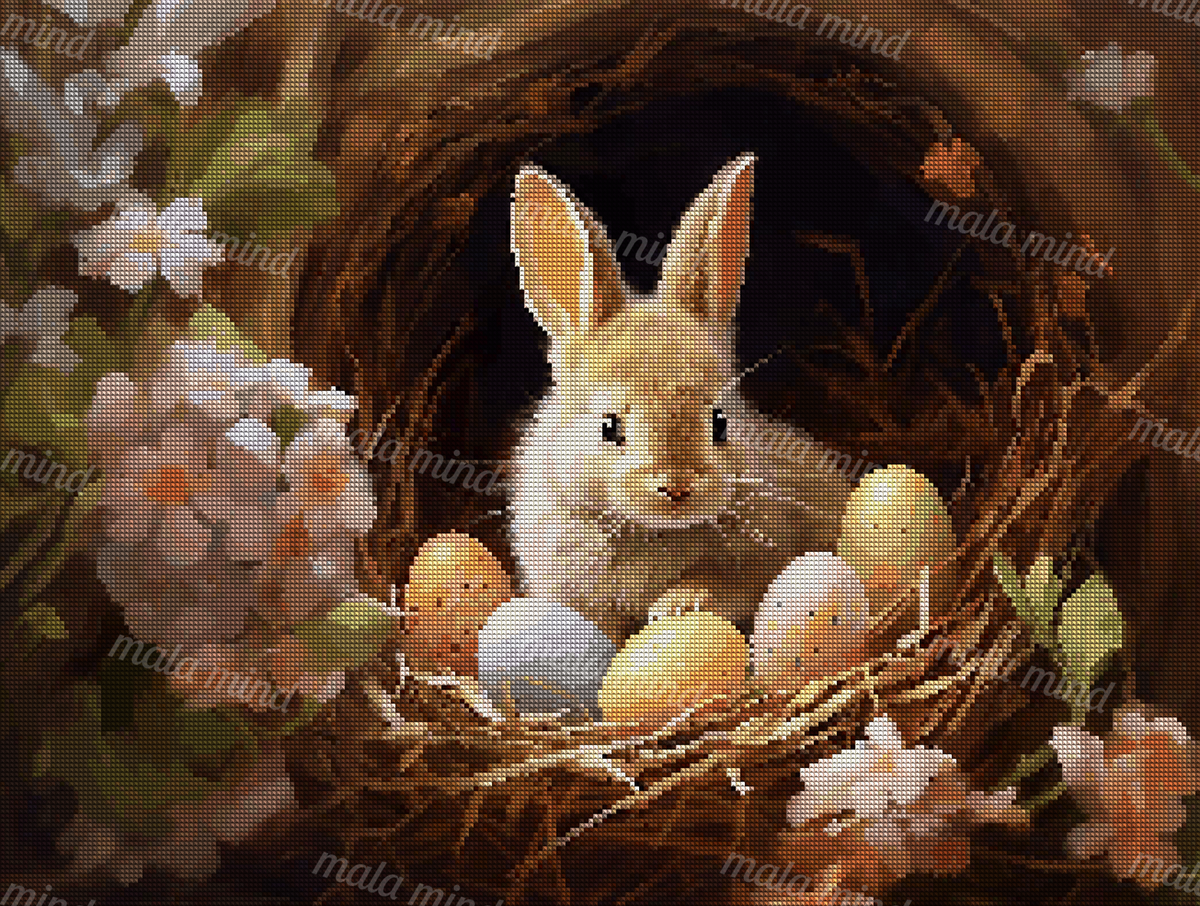 Fluffy rabbit in a straw nest behind five pastel spotted Easter eggs and flowering branches — 04_diamond_render