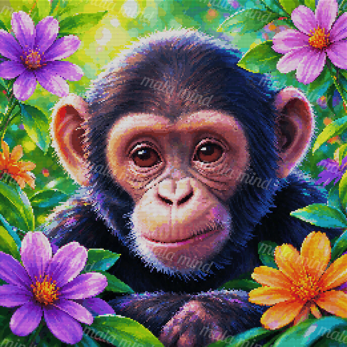 Colorful close-up chimpanzee portrait surrounded by purple and orange flowers and green leaves — 04_diamond_render