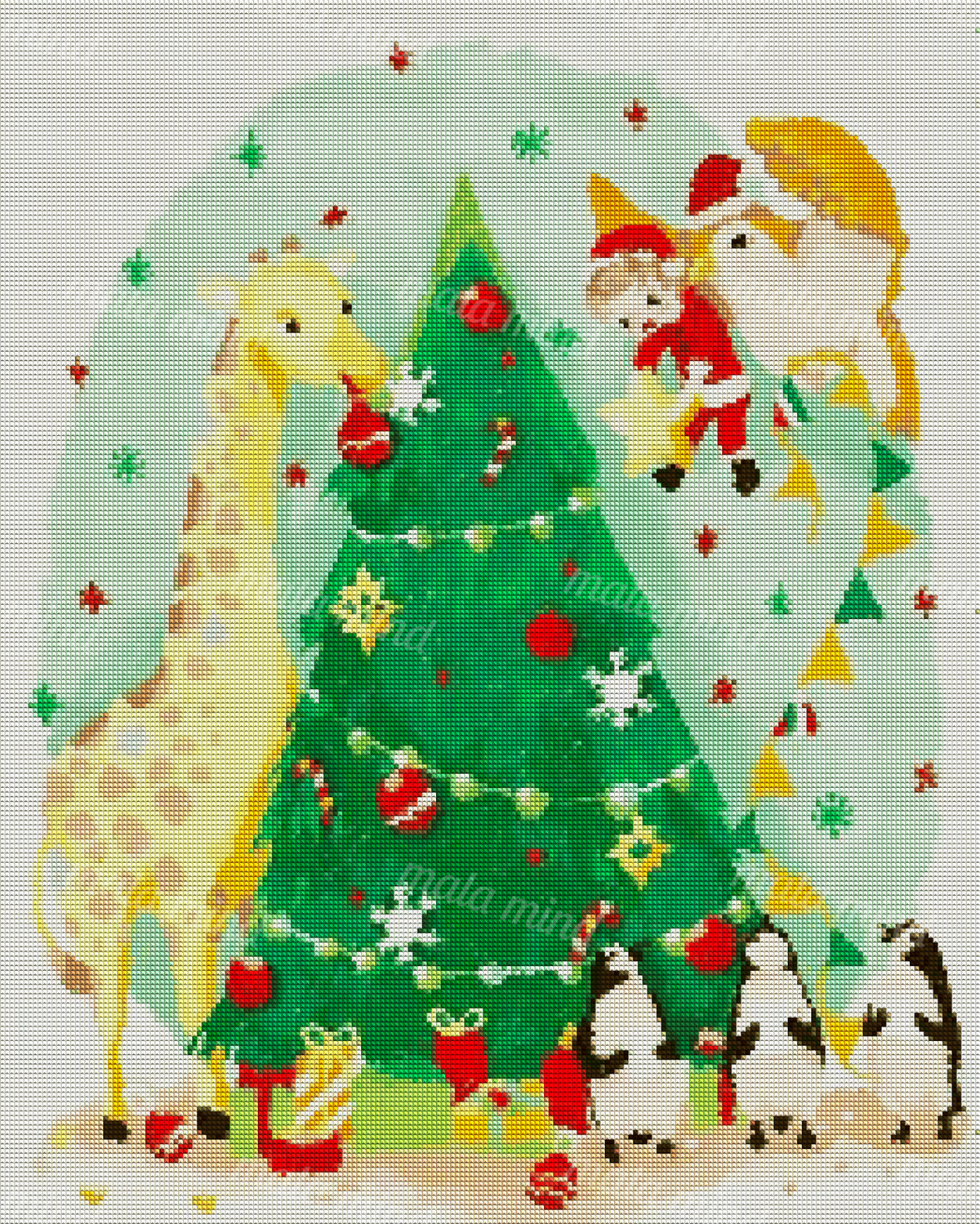 Watercolor Christmas tree with a giraffe, three penguins, presents, ornaments, and holiday characters — 04_diamond_render