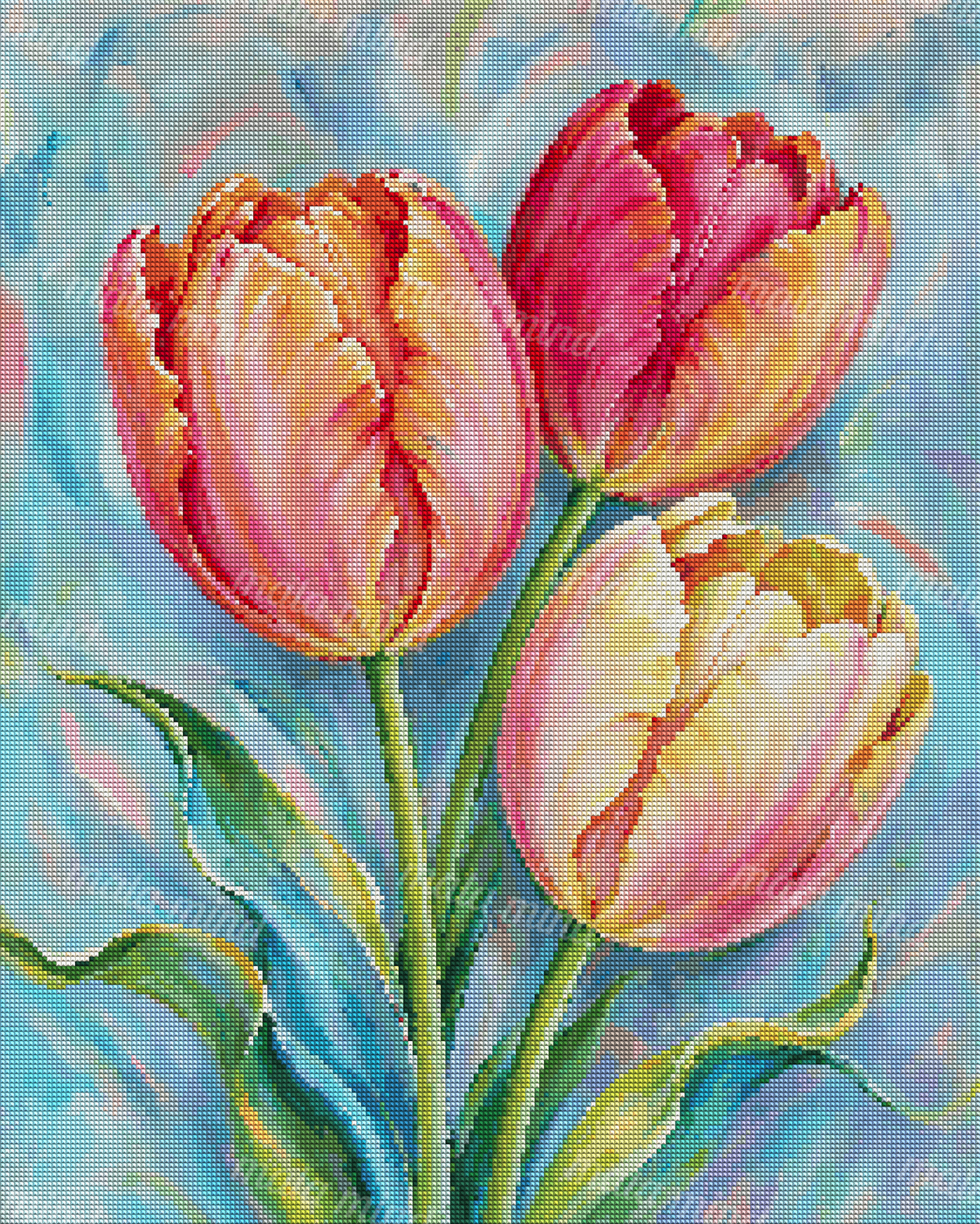 Three colorful tulips with green stems and leaves against a blue abstract painted background — 04_diamond_render